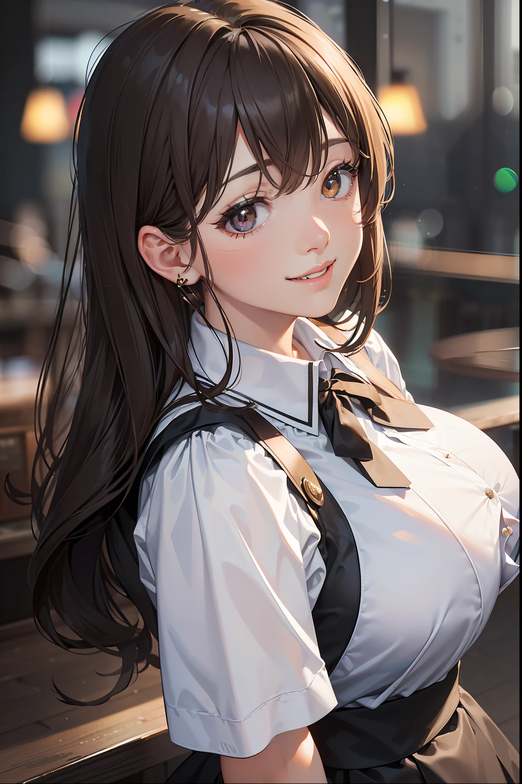 ((Best Quality:1.2, 8k,f/1.8,HDR, Sharp Focus:1.2, photo realistic:1.4, Masterpiece, depth:1.2, super fine :1.2, back Light, Ultimate Girl, Highly Detailed Facial Textures, detailed beauty makeup: 1.2, realistic skin, detailed eyes, detailed bangs)) ((waitress clothes)),(coffee shop background), head tilt, huge breast:1.2, light brown hair, Grinning ear to ear, from above