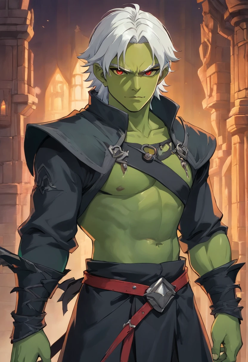 half orc, green skin, male, close up portrait, fantasy look, rpg character, medieval fantasy, white hair, red eyes, 1.90 height, muscolar, half-body shot, scars, ((Taper Haircut + Brushed Up man's hairstyle)), black boots, fullbody ((fullbody)), 40years, muscolar body, black outfits, ((black fantasy outfits)), ((deep green skin))