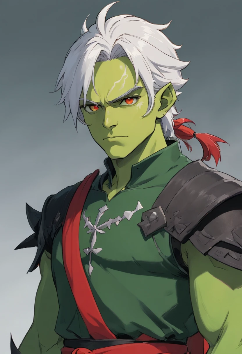 half orc, green skin, male, close up portrait, fantasy look, rpg character, medieval fantasy, white hair, red eyes, 1.90 height, muscolar, half-body shot, scars, ((Taper Haircut + Brushed Up man's hairstyle)), black boots, fullbody ((fullbody)), 40years, muscolar body, black outfits, ((black fantasy outfits)), ((deep green skin))