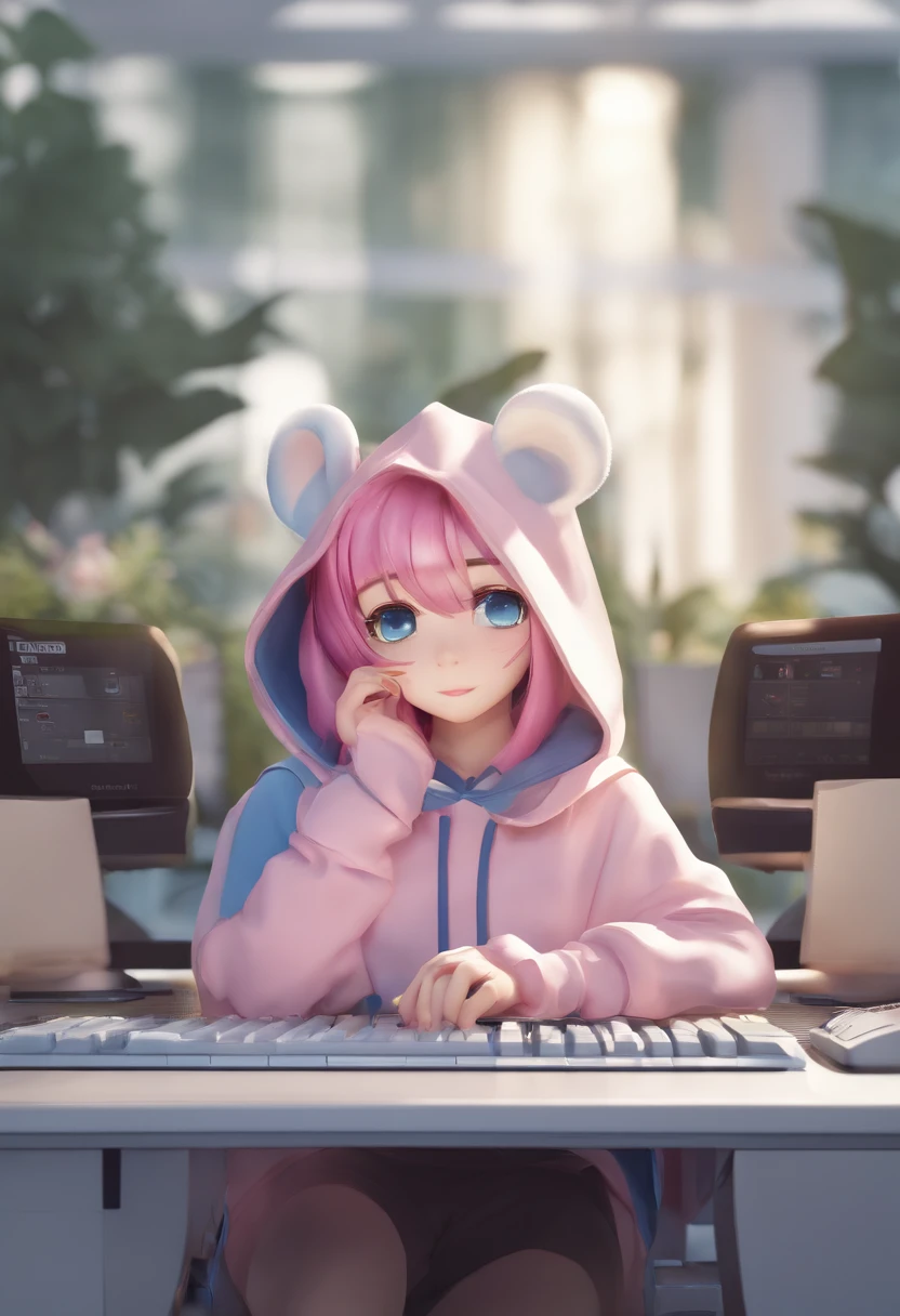 mika pikazo, 1girl, blue eyes, blue hoodie, computer, earrings, hood, hoodie, jewelry, keyboard (computer), logo, logo parody, mouse (computer), multicolored eyes, pink hair, recycle bin, solo, white background, yellow eyes, ,