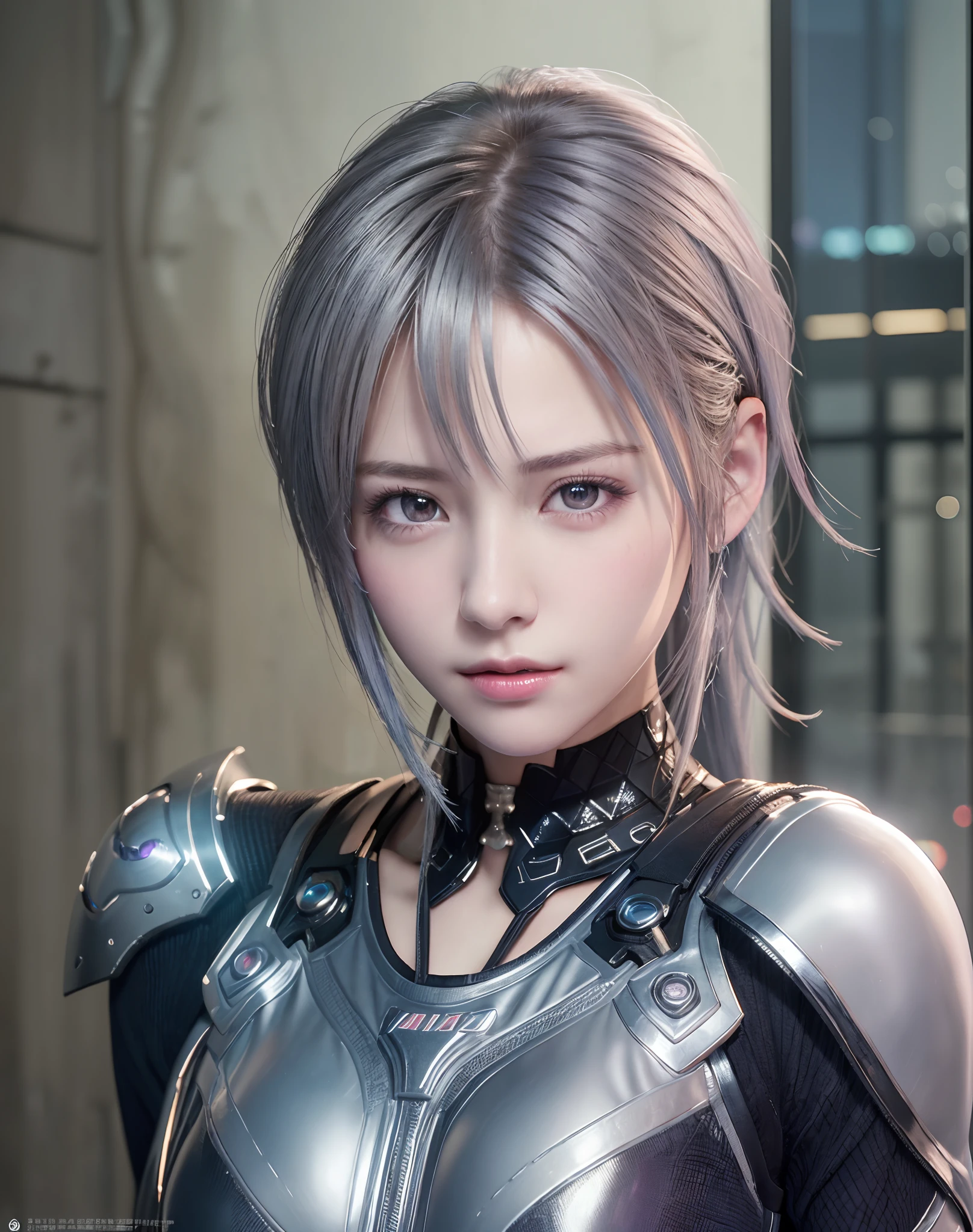 (8K, Photorealistic, Raw photo, of the highest quality: 1.3), (1girl in), Super beautiful, (Realistic face), (boyish, Silver Color Berry Shorthair), Beautiful cyberpunk suit, Glare that captivates viewers, Beautiful expression, Beautiful breasts, (Realistic skin), Beautiful...