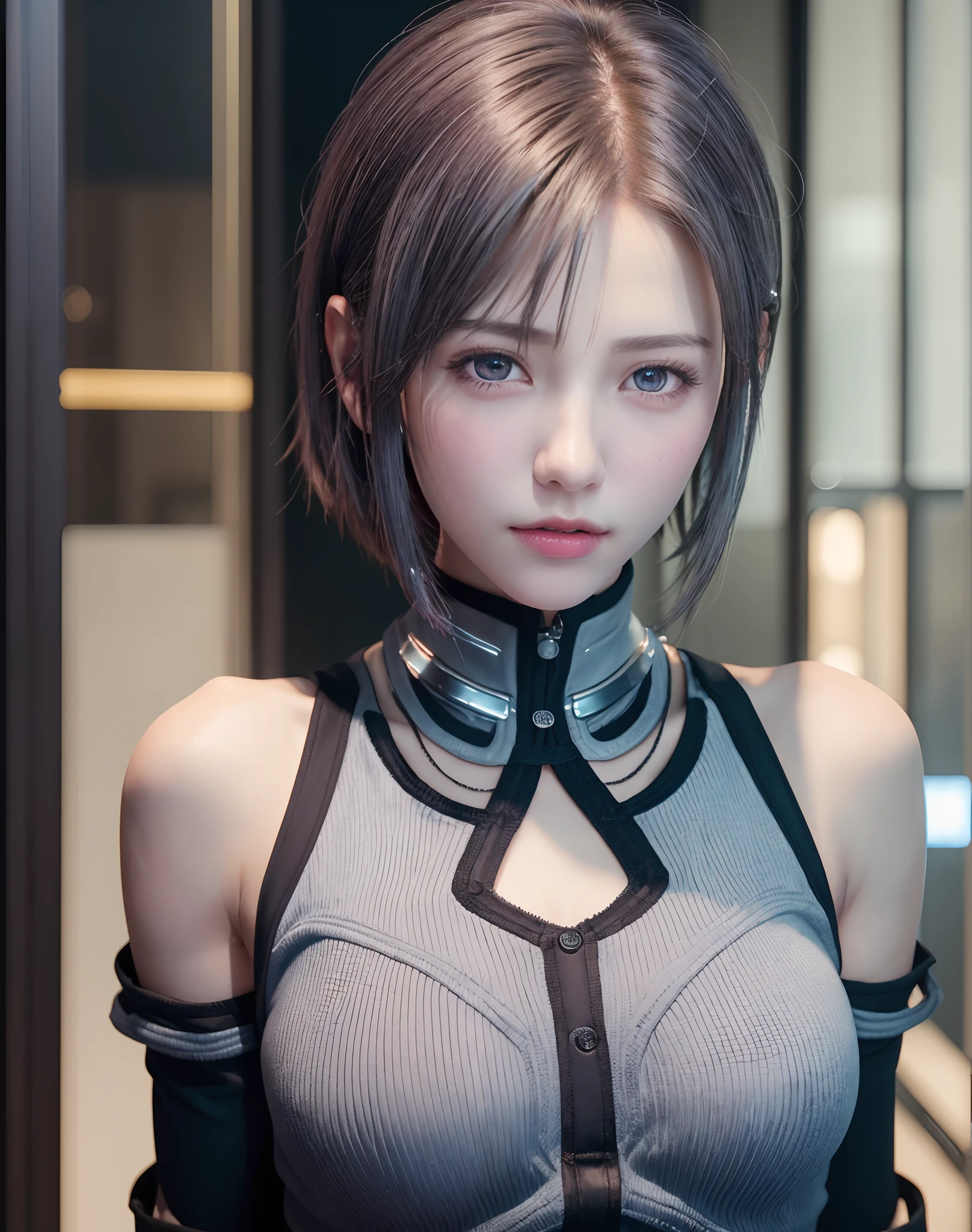 (8K, Photorealistic, Raw photo, of the highest quality: 1.3), (1girl in), Super beautiful, (Realistic face), (boyish, Silver Color Berry Shorthair), Beautiful cyberpunk suit, Glare that captivates viewers, Beautiful expression, Beautiful breasts, (Realistic skin), Beautiful...