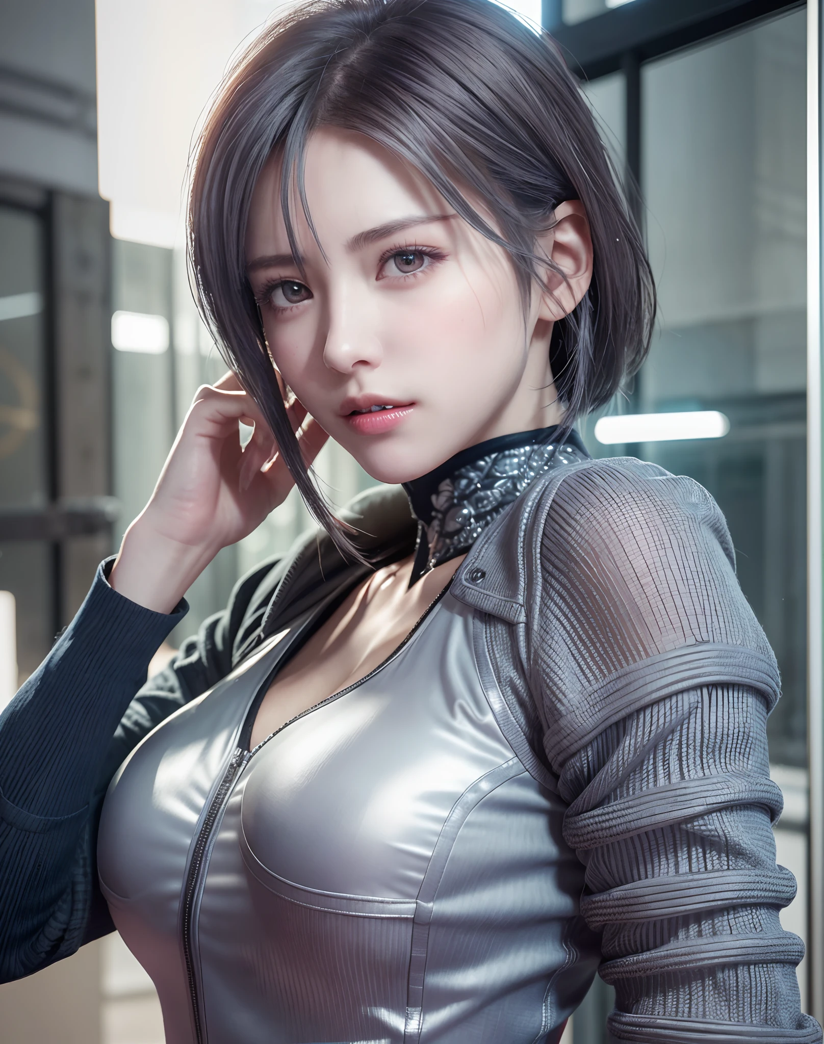 (8K, Photorealistic, Raw photo, of the highest quality: 1.3), (1girl in), Super beautiful, (Realistic face), (boyish, Silver Color Berry Shorthair), Beautiful cyberpunk suit, Glare that captivates viewers, Beautiful expression, Beautiful breasts, (Realistic skin), Beautiful...