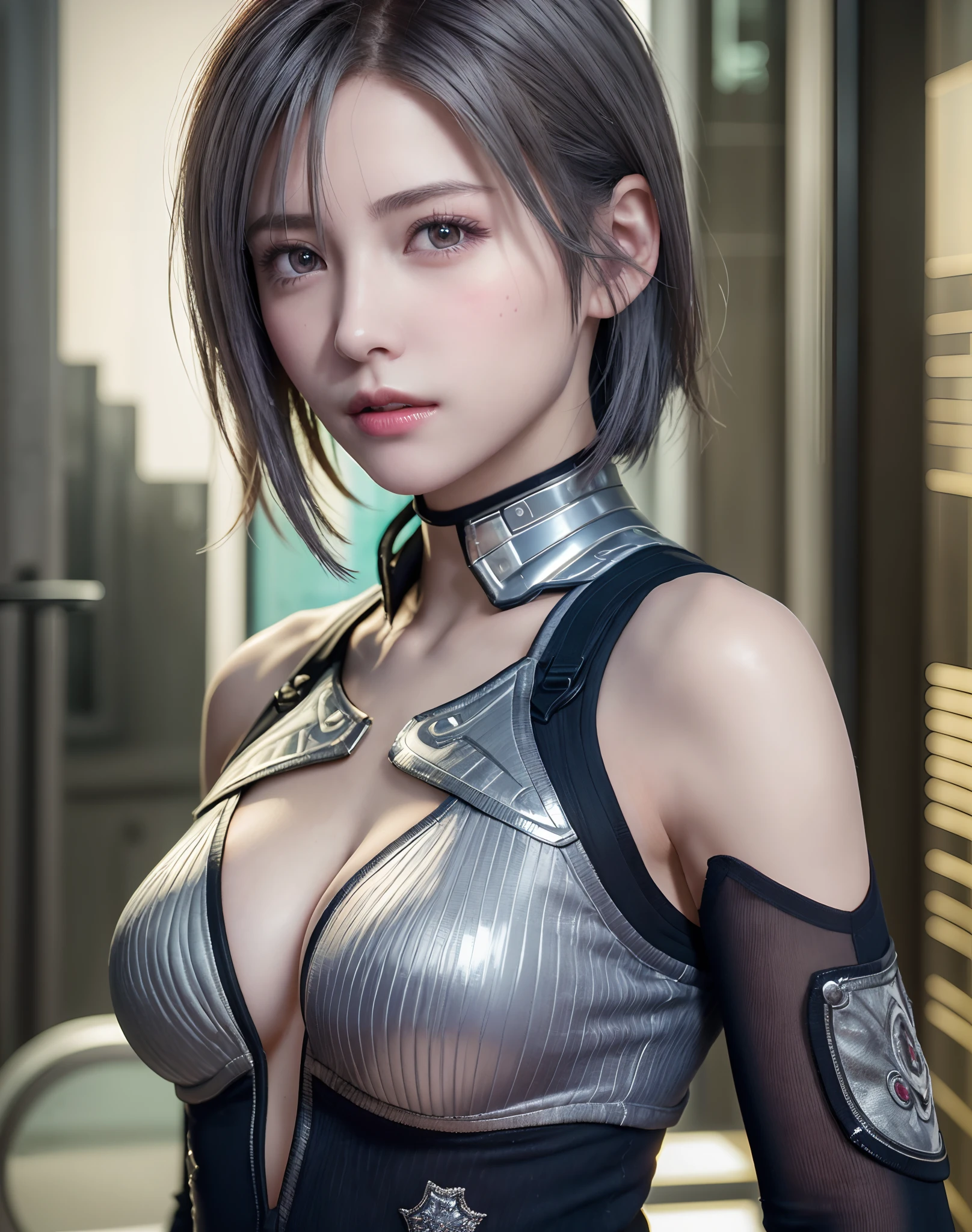 (8K, Photorealistic, Raw photo, of the highest quality: 1.3), (1girl in), Super beautiful, (Realistic face), (boyish, Silver Color Berry Shorthair), Beautiful cyberpunk suit, Glare that captivates viewers, Beautiful expression, Beautiful breasts, (Realistic skin), Beautiful...