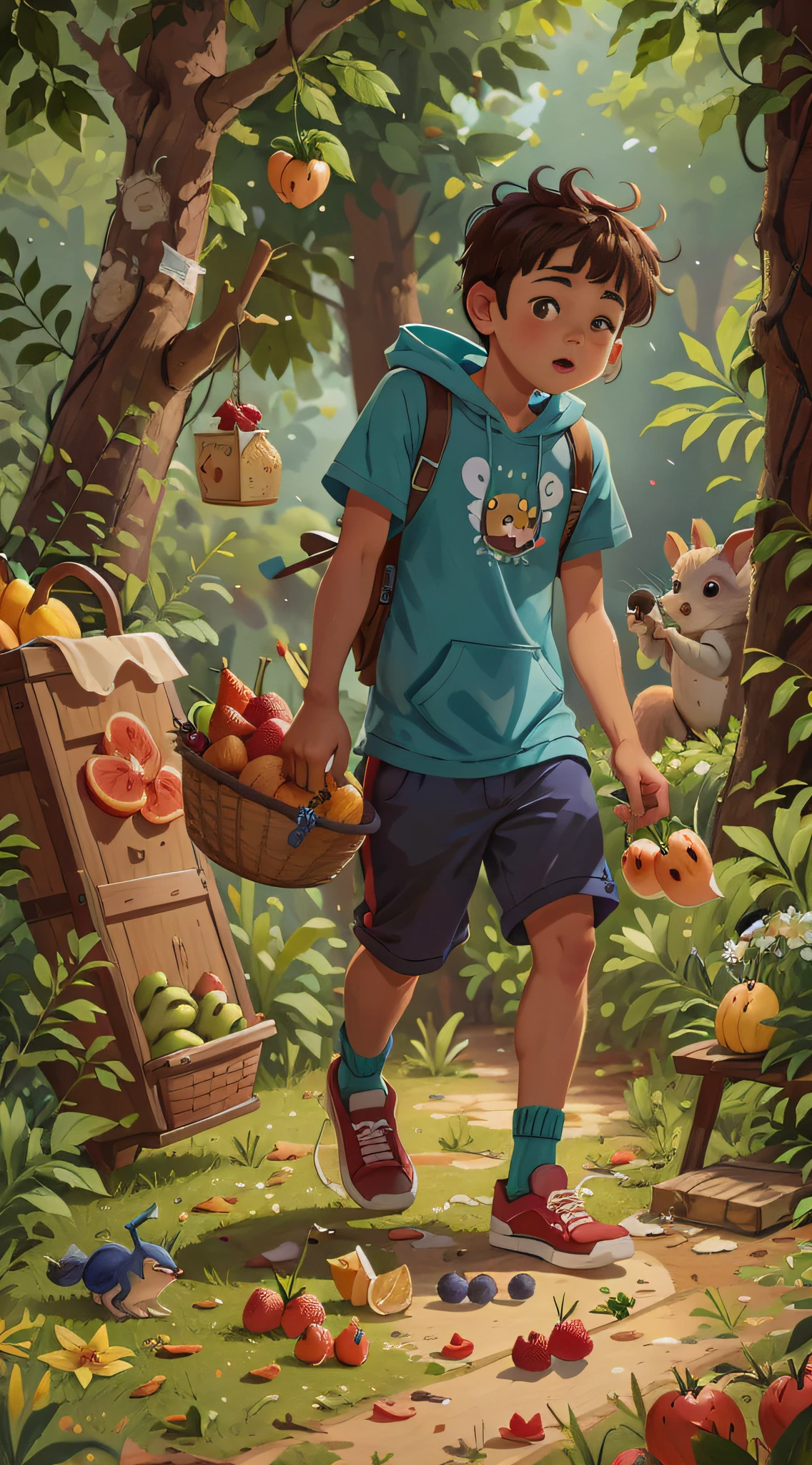Ele trouxe algumas frutas e nozes deliciosas da cidade e, Com cuidado, began to make friends with the squirrels.