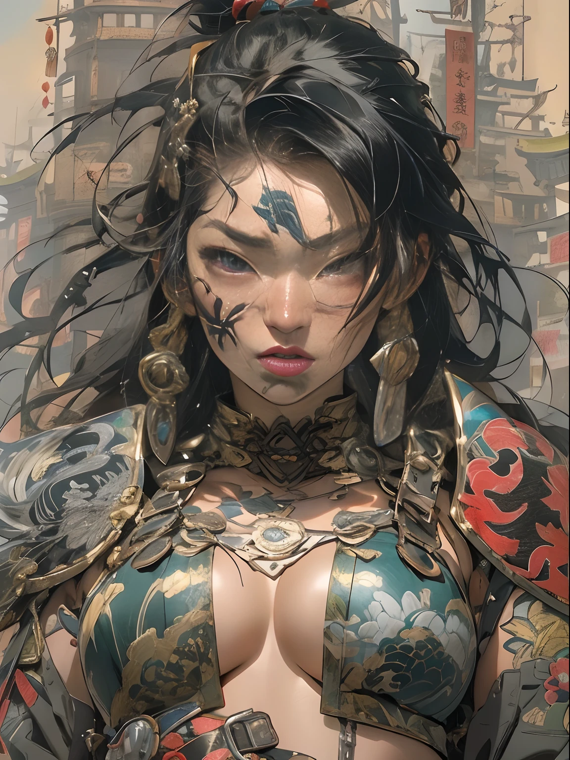 (((woman))), (((best qualityer))), (((tmasterpiece))), (((AS-Adult))), ((( Japanese ))), Look up from your knees, A beautiful asian samurai woman with perfect body, Modern samurai, ((( Asian))), Wear gloves on your hands,The left arm is made of steel and metal tips,Made of protective devices, The eyes are pulled, (( Appears below the breast )), (( Small dental floss )), Simon Bisley, Almost naked(Simon Bisley)Castle City Wilderness,For high-resolution posters, hair straight, Minimum clothing, armure (Crazy clothes ), Full of tips and rivets, tribal tattoos, (((full bodyesbian))), Straight brunette hair,Colored hair ends