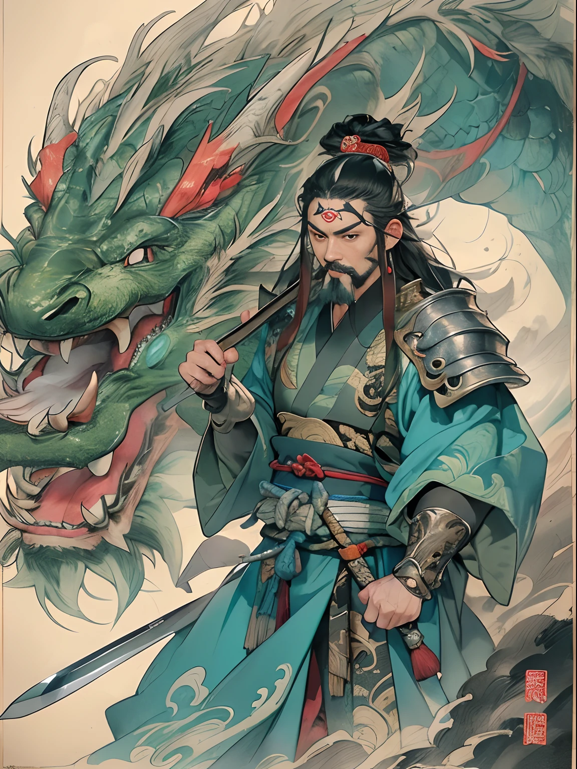 (((China-style,Ink painting method,Half-length portrait,Intense color,Han dynasty, China,Hanfu,Armor,Guan yu,Guan Yunchang,of a guy,Ruddy killing square face,Hold the Blue Dragon Moon Knife in his right hand,Stroke your beard with your left hand,Long hair,petty eyes,Green robe))), (((best qualityer))), (((tmasterpiece))), (((AS-Adult))), ((( Japanese ))), Look up from your knees, Handsome Asian samurai,perfect body figure, Modern samurai, ((( Asian))), Wear gloves on your hands,The left arm is made of steel and metal tips,Made of protective devices, The eyes are pulled, (( Appears below the chest )), (( Small dental floss )), Simon Bisley, Almost naked(Simon Bisley)Castle City Wilderness,For high-resolution posters, hair straight, Minimum clothing, armure (Crazy clothes ), Full of tips and rivets, tribal tattoos, (((full bodyesbian))), Straight brunette hair,Colored hair ends