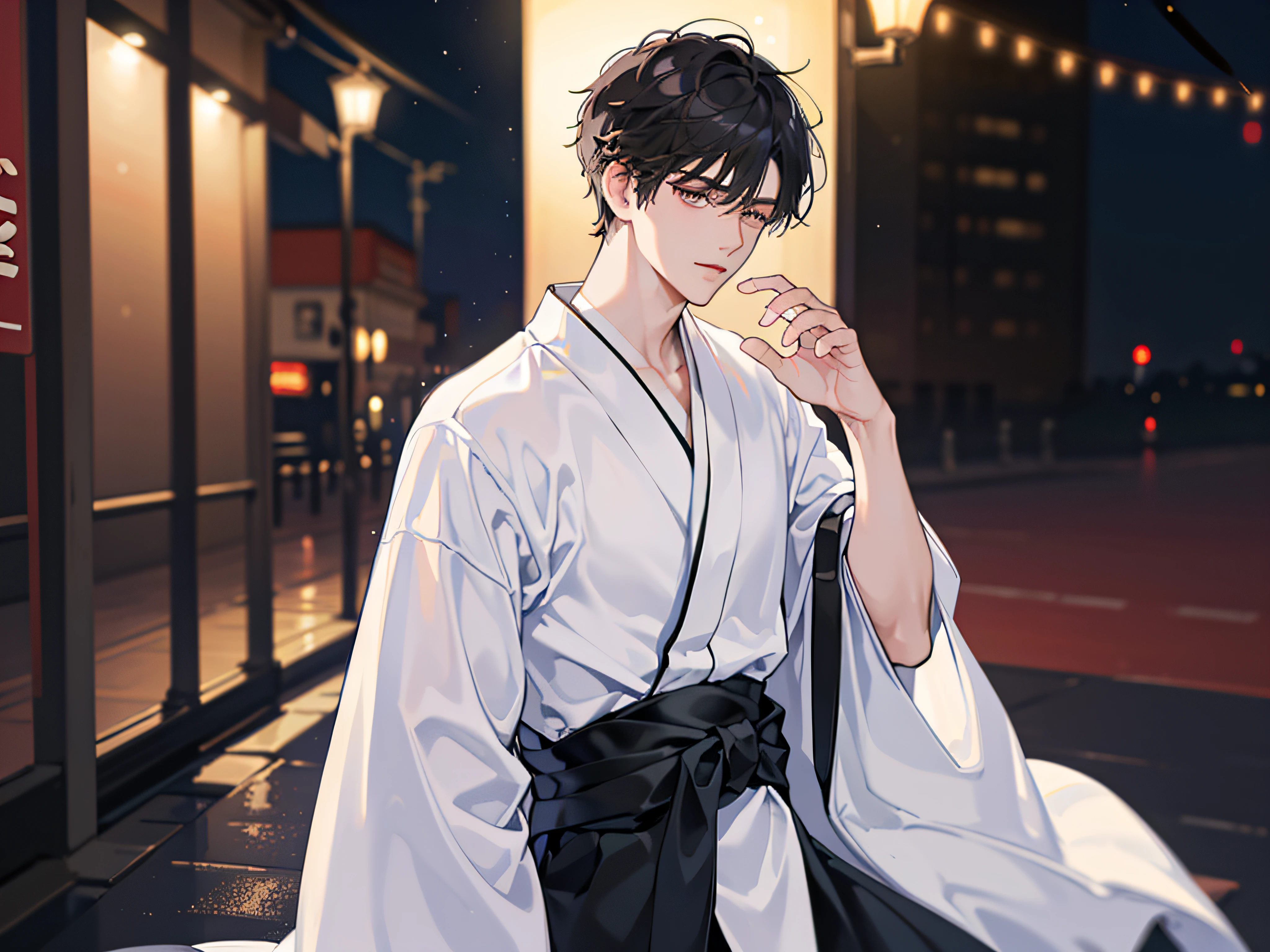 (Handsome men: 1.4), White shirt, Short black hair, Delicate face, Fair skin, kimono, ((On the street at night: 1.4)), Night, Deserted, nobody, 8km HD Images, Masterpiece-level high-quality images,