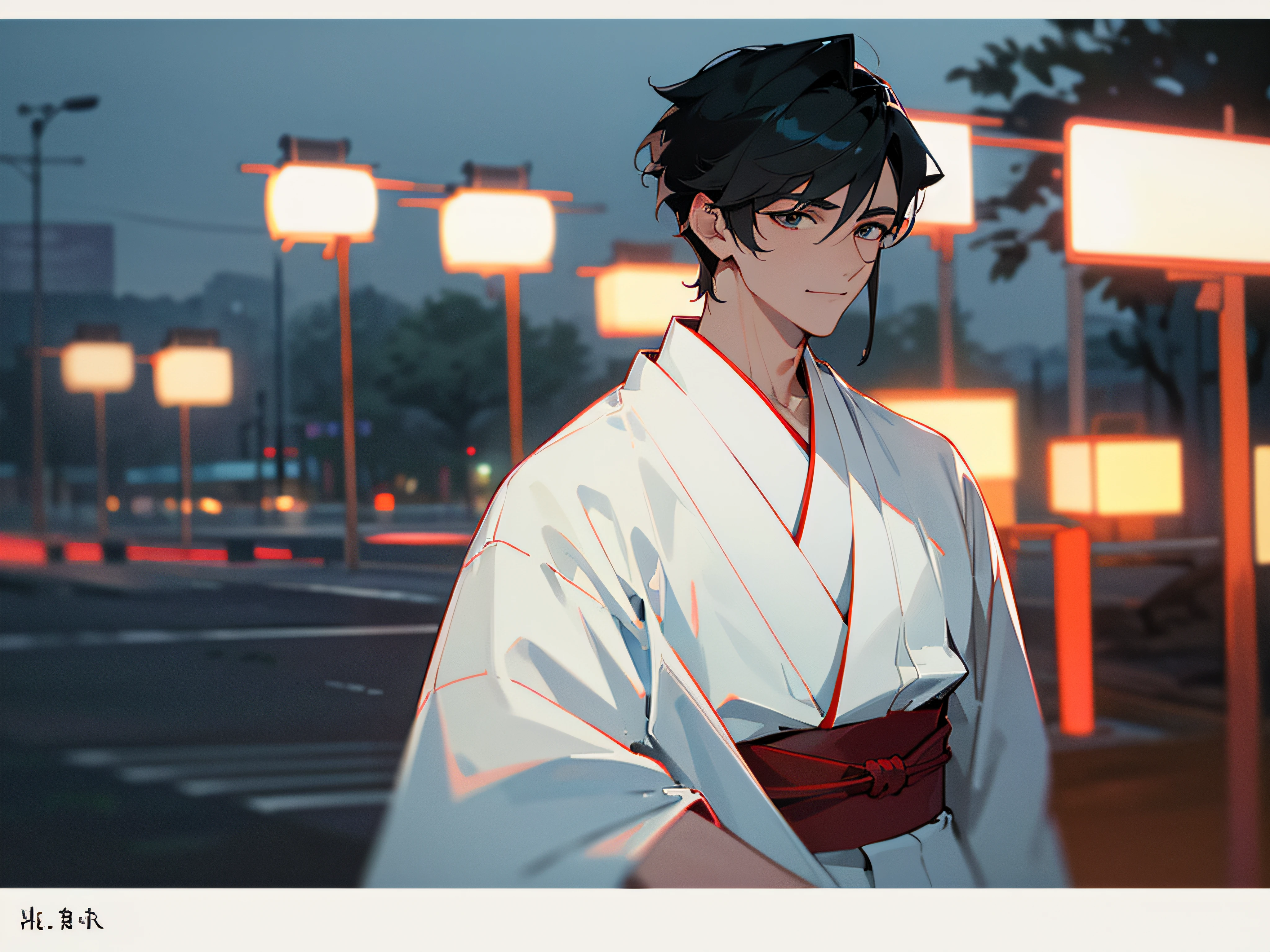 (Handsome men: 1.4), White shirt, Short black hair, Delicate face, Fair skin, kimono, ((On the street at night: 1.4)), Night, Deserted, nobody, 8km HD Images, Masterpiece-level high-quality images,ryokan、Greet us with a smile