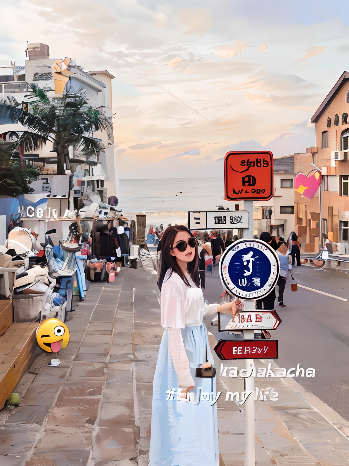 Woman standing in front of a street sign,Background is the beach, 8K)), daily life, taken in 2 0 2 0, 8 k'' ), sakimichan, photography of, Street photography,Girls facing the audience,With sunglasses,Pedestrian lots of streets,blur backgroun
