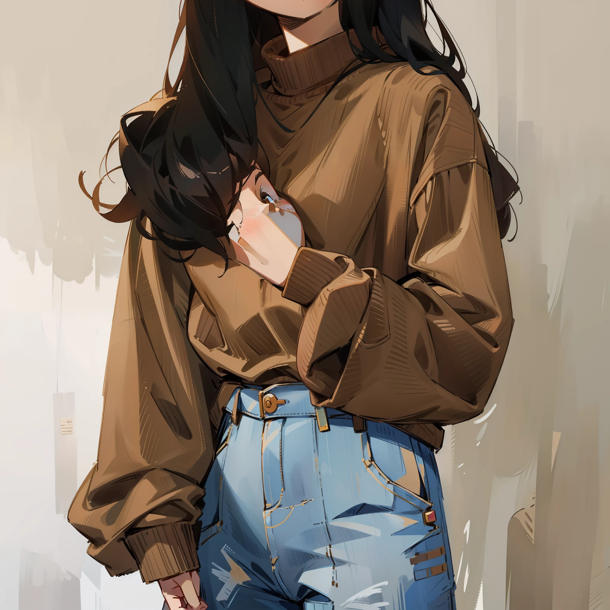 a close up of a woman wearing a brown sweater and jeans, a sketch inspired by Jean Hey, instagram, renaissance, brown sweater, cute casual streetwear, casual clothes, simple clothes, casual clothing style, wearing casual sweater, 🍂 cute, puff sleeves, he is wearing a brown sweater, vibrant aesthetic, vintage aesthetic, wearing a dark sweater, casual modern clothing