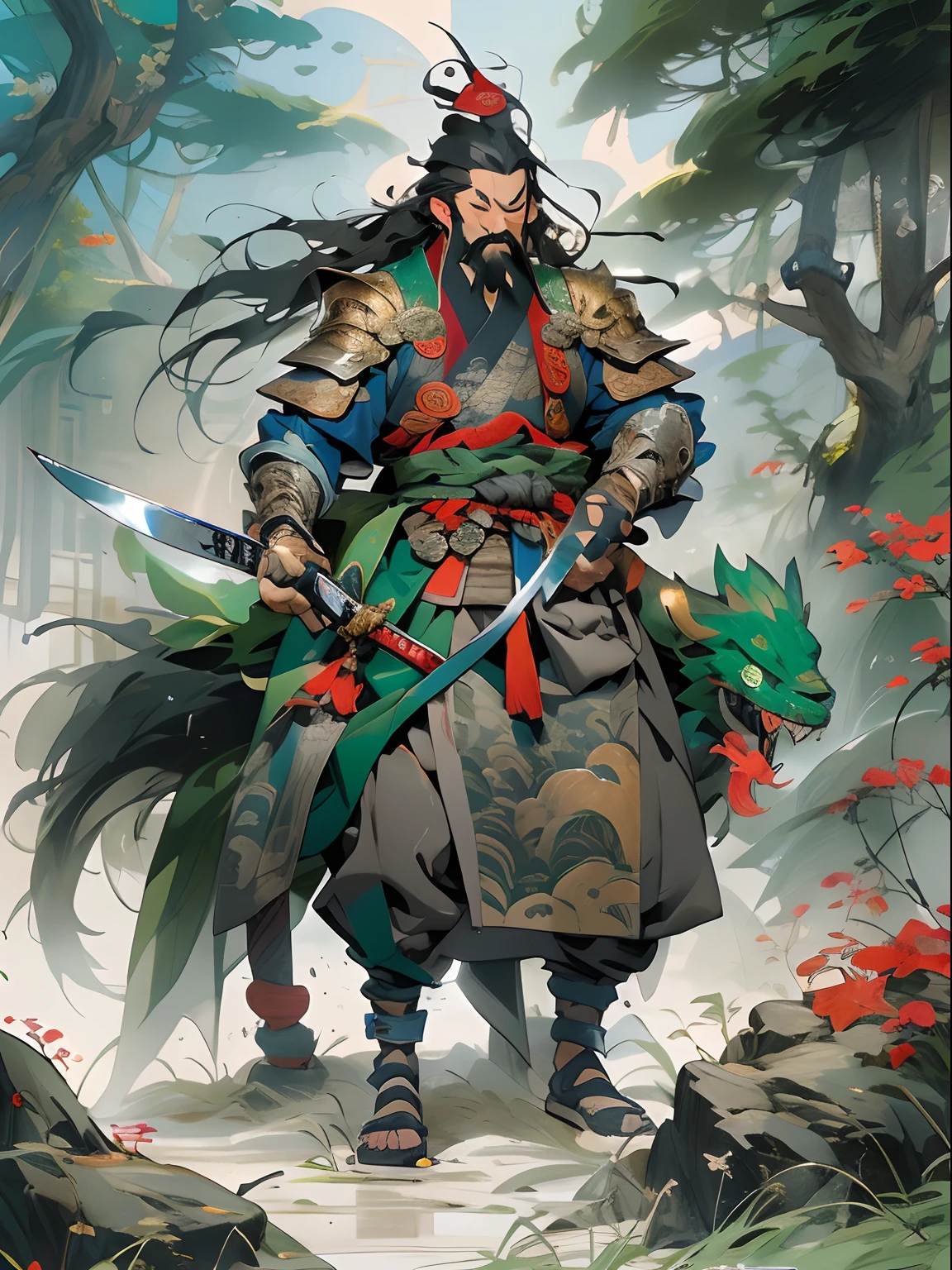(((China-style，Ink painting method，Half-length portrait，Intense color，Han dynasty, China，Hanfu，Armor，Guan yu，Guan Yunchang，of a guy，Ruddy killing square face，Hold the Blue Dragon Moon Knife in his right hand，Stroke your beard with your left hand，Long hair，petty eyes，Green robe))), (((best qualityer))), (((tmasterpiece))), (((AS-Adult))), ((( Japanese ))), Look up from your knees, Handsome Asian samurai，perfect body figure, Modern samurai, ((( Asian))), Wear gloves on your hands，The left arm is made of steel and metal tips，Made of protective devices, The eyes are pulled, (( Appears below the chest )), (( Small dental floss )), Simon Bisley, Almost naked（Simon Bisley）Castle City Wilderness，For high-resolution posters, hair straight, Minimum clothing, armure (Crazy clothes ), Full of tips and rivets, tribal tattoos, (((full bodyesbian))), Straight brunette hair，Colored hair ends