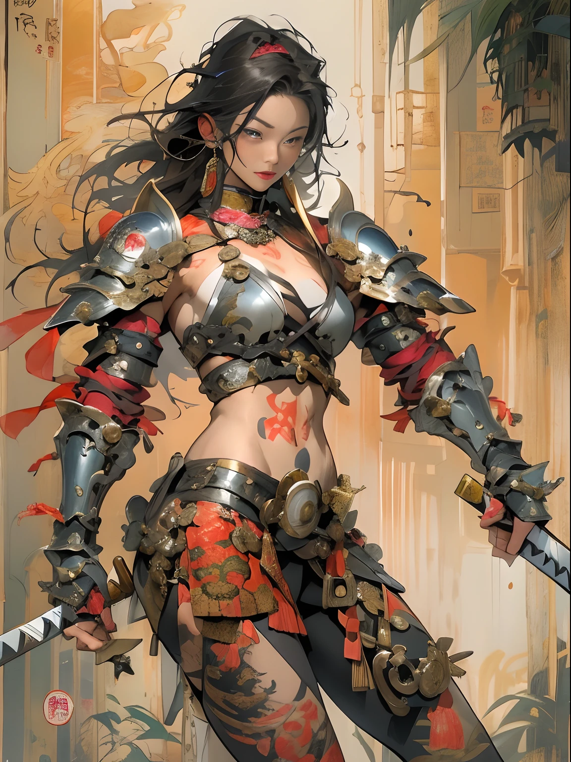 (((woman))), (((best qualityer))), (((tmasterpiece))), (((AS-Adult))), ((( Japanese ))), Look up from your knees, A beautiful asian samurai woman with perfect body, Modern samurai, ((( Asian))), Wear gloves on your hands，The left arm is made of steel and metal tips，Made of protective devices, The eyes are pulled, (( Appears below the breast )), (( Small dental floss )), Simon Bisley, Almost naked（Simon Bisley）Castle City Wilderness，For high-resolution posters, hair straight, Minimum clothing, armure (Crazy clothes ), Full of tips and rivets, tribal tattoos, (((full bodyesbian))), Straight brunette hair，Colored hair ends
