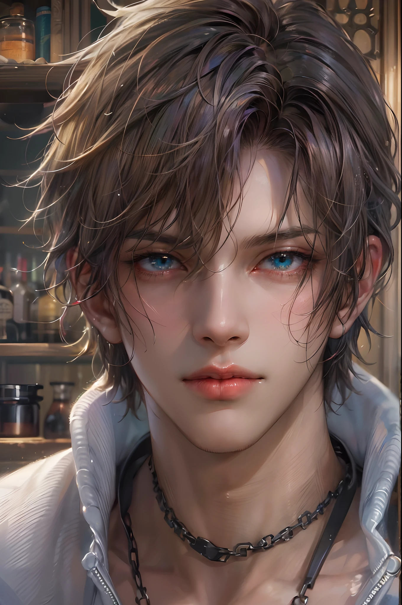 (absurdres, highres, ultra detailed, HDR), masterpiece, best quality, Final Fantasy 7, short hair, handsome face, anime eyes, detailed interior, detailed character