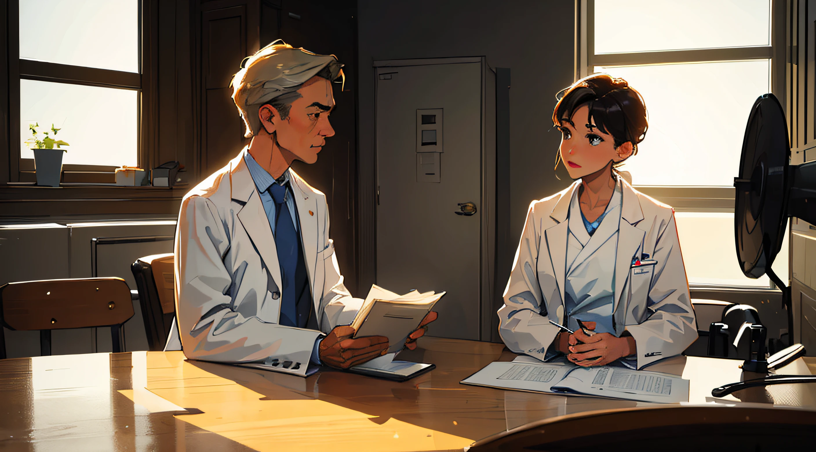 ((Masterpiece)), ((Best Quality)), A doctor in a white coat talking to a patient in a modern, well-lit examination room, showing compassion and expertise.