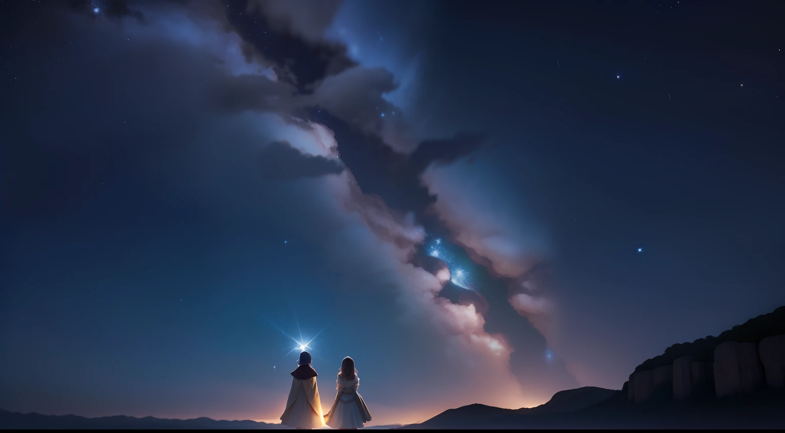 The image depicts the magical moment when Moon, Pedro e Sofia chegam ao topo do Pico das Estrelas, Where they find the guardian of the stars. The scenery is nocturnal and celestial, with starry sky and panoramic view of the city of Brilhópolis in the background.
no centro da imagem, Lua, Peter and Sophie stand before the guardian of the stars. The guardian is a majestic and shining creature, composta de estrelas cintilantes que se fundem para formar sua figura. A soft and magical light emanates that illuminates the cave and the expressions of admiration on the faces of the children.
The grotto itself is carved into the rocks of Pico das Estrelas and is adorned with luminous crystals that reflect starlight. The entrance to the grotto is flanked by nocturnal flowers that bloom with a soft glow.
The city of Brilhópolis can be seen in the background, with their houses lit up and people looking up at the sky, maravilhadas com o retorno das estrelas. The night sky is full of stars, with visible constellations forming magical patterns.
A imagem transmite um sentimento de maravilha, gratitude and admiration, como Lua, Peter and Sophie understand the importance of the stars in their lives and the beauty of the moment they meet the guardian of the stars. The illustration captures the essence of the story and the life lesson it teaches.