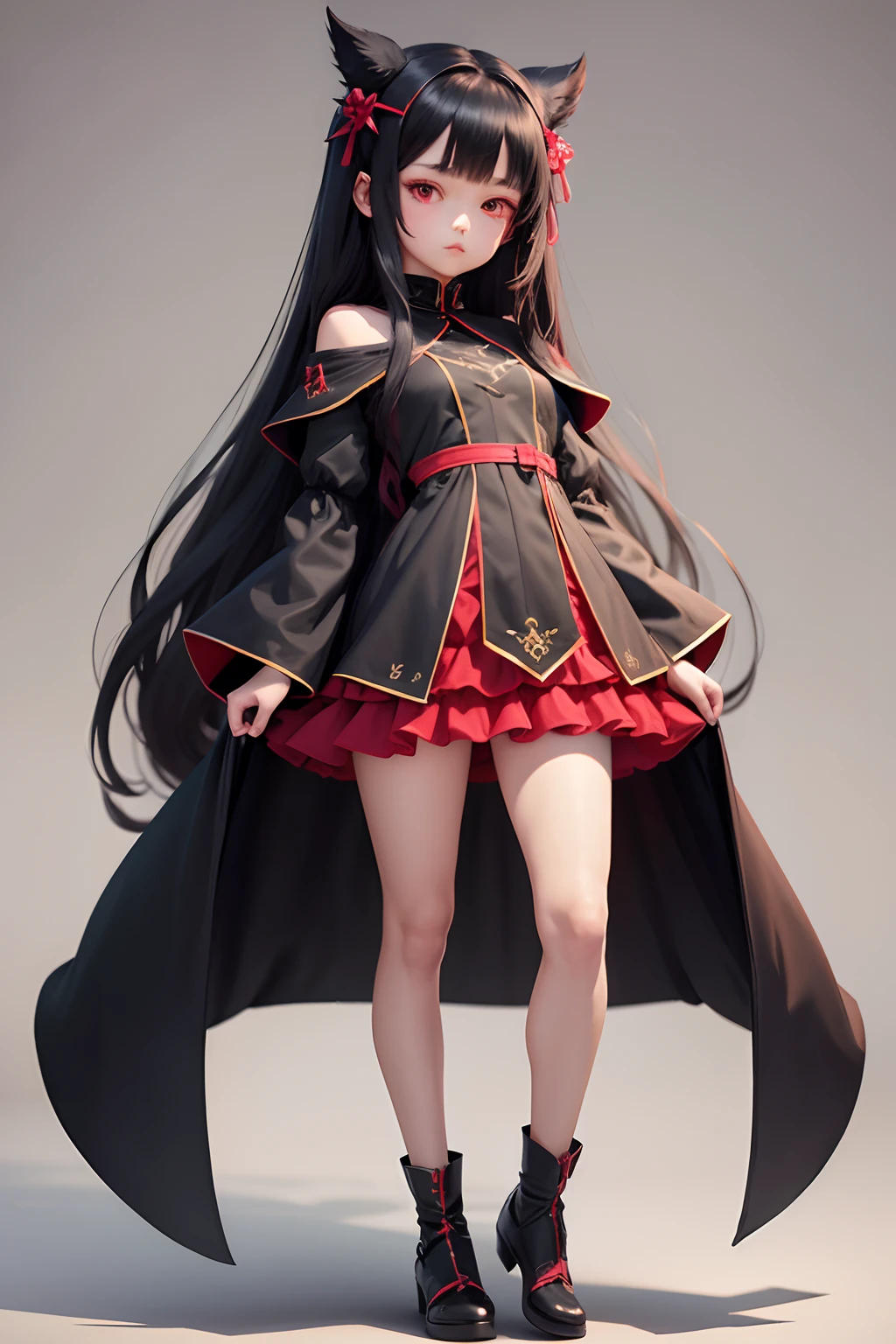 Two-dimensional style body type Wearing solemn clothing similar to a robe Black hair, long hair, red eyes, the main color of the costume is dark red and black, weak qi