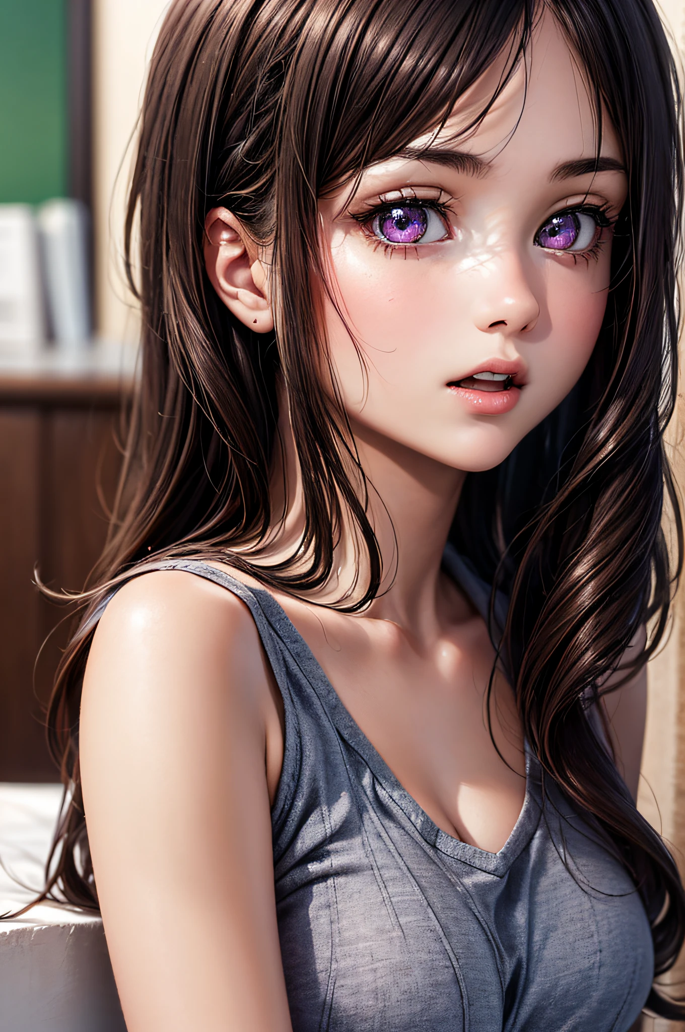 ((1girl in)), ((Best Quality)), (Ultra-detailed), (extremely detailed CG unified 8k wallpaper), Highly detailed, High-definition raw color photos, Professional Photography, Brown hair, Amazing face and eyes, Pink eyes, (amazingly beautiful girl), School, crass room, Sitting,