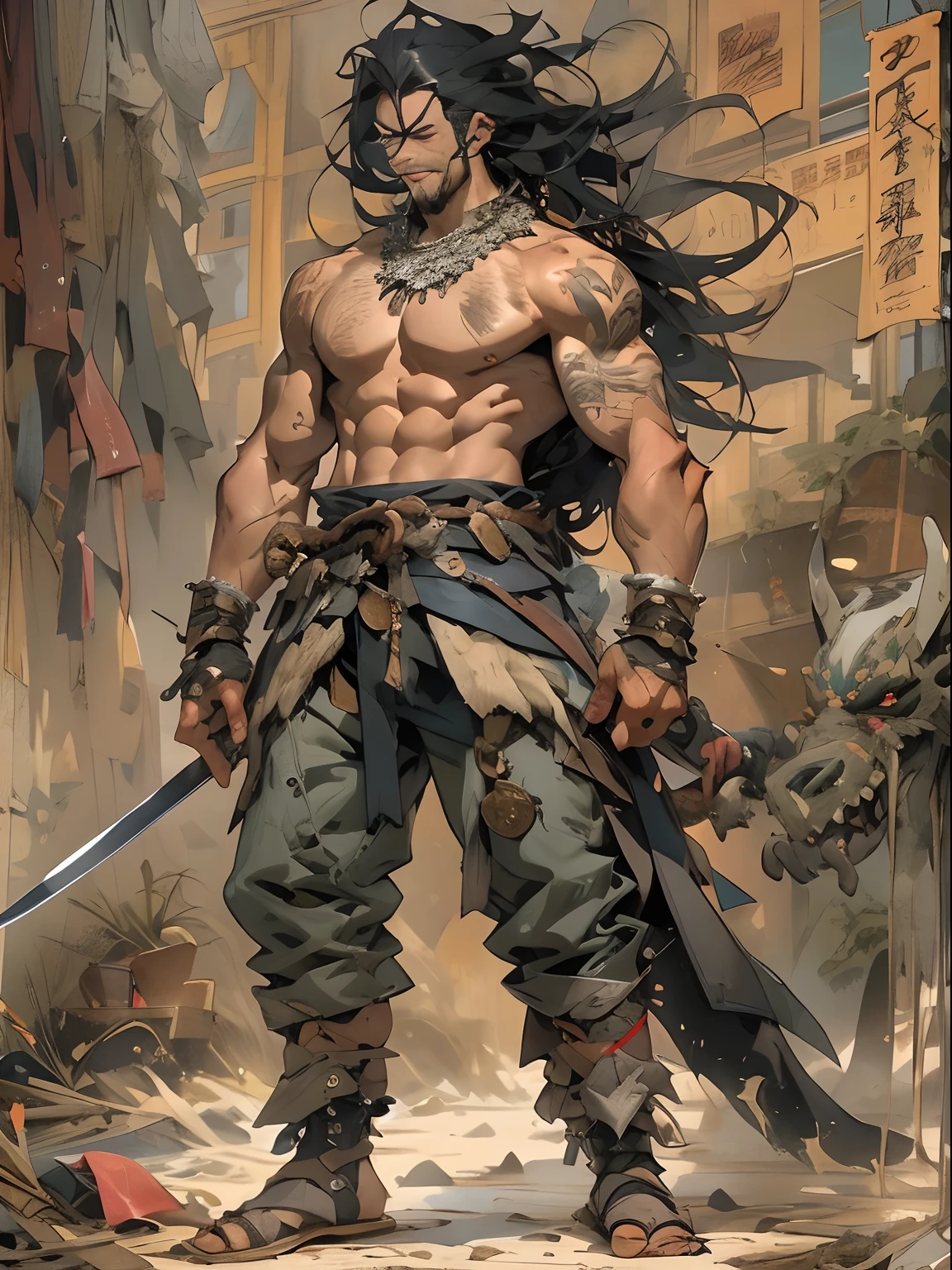 (((mtu))), (((best qualityer))), (((tmasterpiece))), (((AS-Adult))), ((( Japanese ))), Look up from your knees, Handsome Asian samurai,perfect body figure, Modern samurai, ((( Asian))), Wear gloves on your hands,The left arm is made of steel and metal tips,Made of protective devices, The eyes are pulled, (( Appears below the chest )), (( Small dental floss )), Simon Bisley, Almost naked(Simon Bisley)Castle City Wilderness,For high-resolution posters, hair straight, Minimum clothing, armure (Crazy clothes ), Full of tips and rivets, tribal tattoos, (((full bodyesbian))), Straight brunette hair,Colored hair ends