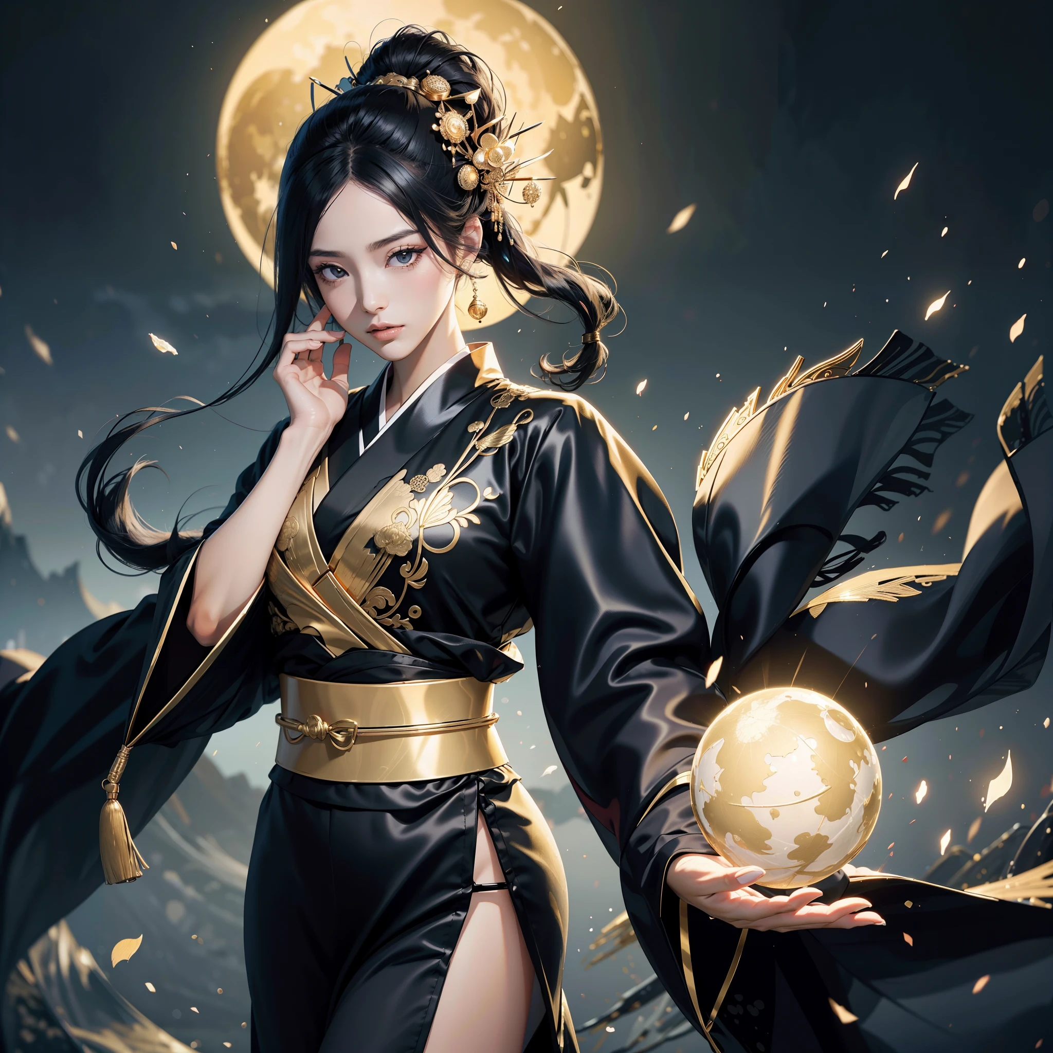 watching at viewers、Ancient capital and moon in the background、poneyTail、Woman with shiny black hair、{{{Luxury kimono(Black kimono(Detailed golden embroidery,))}}}、face perfect,Depict a beautiful and graceful woman of Japan。Heart in the eye。full body Esbian。 Wallpaper 8K, .Blur the background with a sickle,((masutepiece)), ((Best Quality))