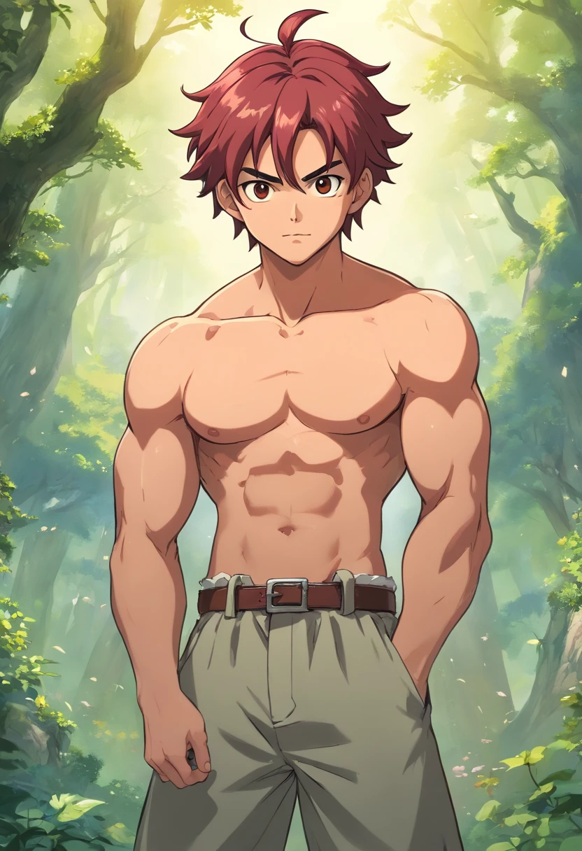 Meio elfo, pele palida, macho, fechar retrato, olhar de fantasia, Personagem de RPG, fantasia medieval, cabelos brancos manchados de vermelho, olhos vermelhos, 1.90 altura, Muscular, tiro de meio corpo, Cicatrizes, ((Corte de cabelo Taper + Penteado do homem escovado)), Botas pretas, corpo inteiro ((corpo inteiro)), 20 anos, Corpo Muscular