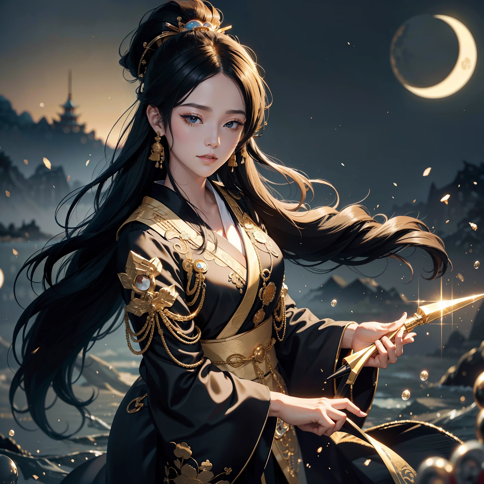 watching at viewers、Ancient capital and moon in the background、poneyTail、Woman with shiny black hair、{{{Luxury kimono(Black kimono(Detailed golden embroidery,))}}}、face perfect,Depict a beautiful and graceful woman of Japan。Heart in the eye。full body Esbian。 Wallpaper 8K, .Blur the background with a sickle,((masutepiece)), ((Best Quality))