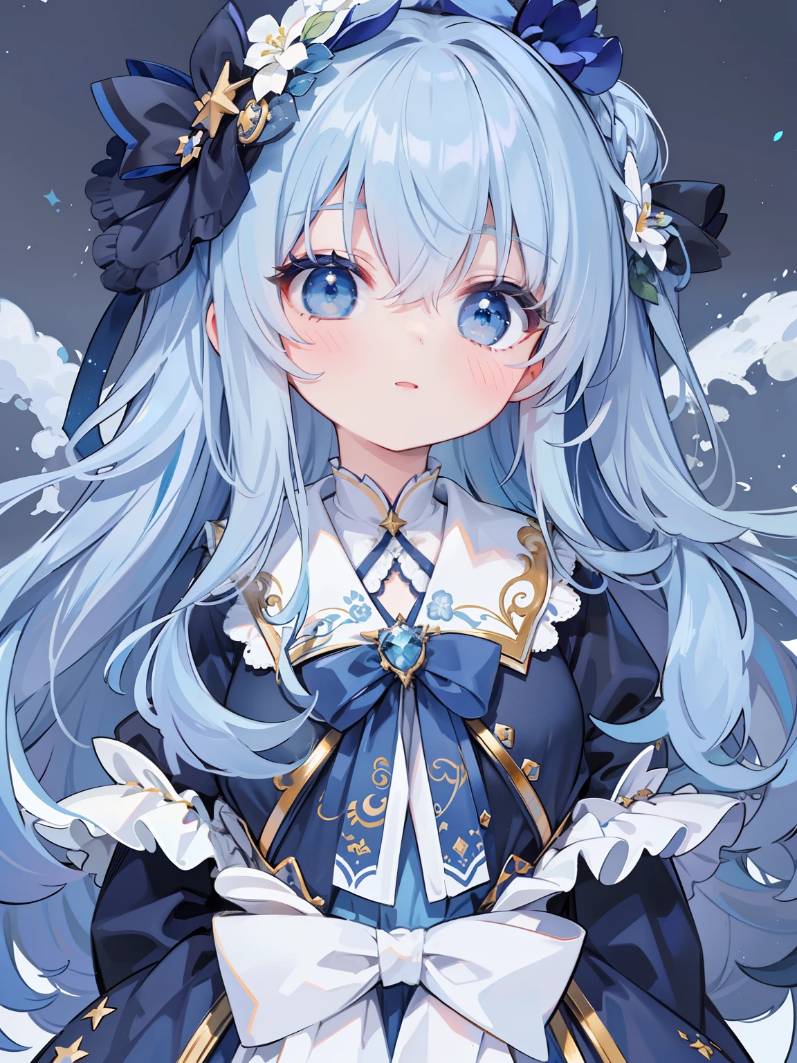 extremely detailed CG unified 8k wallpaper, very fine 8KCG wallpaper, absurderes，Lori ，Best Quality ，ultra-detailliert ，Beautiful face  ，​masterpiece、top-quality(​masterpiece), top-quality, 1girl in, lightblue hair、Two-side-up、Light blue color dress、Light blue ribbon、light blue  eyes、kawaii、starrysky