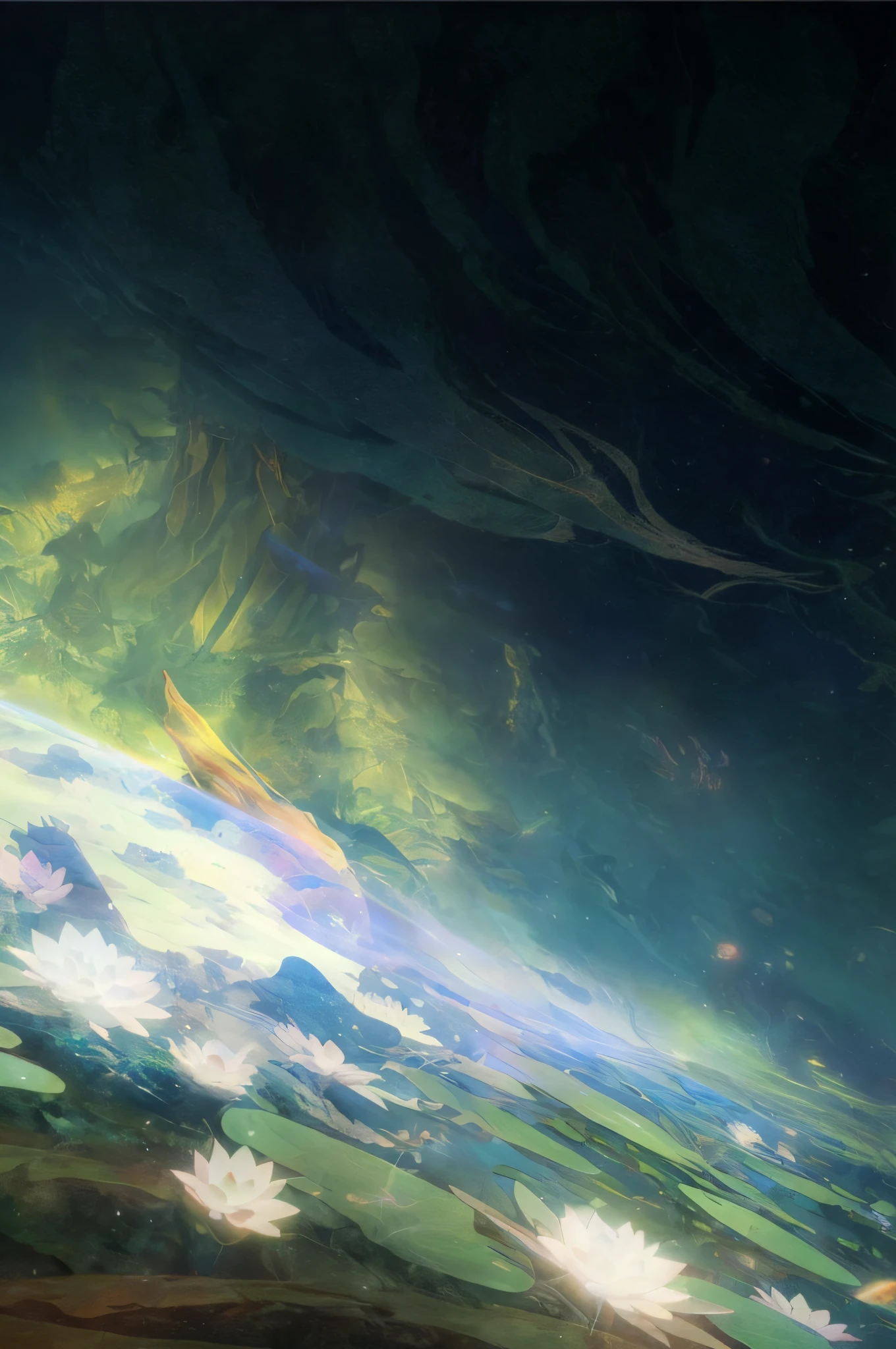 Lotus pond，Photosensitive scanning material of slate formations arranged in concentric form，Build a platform for abstract colored ice sculptures，Form a surreal landscape，It is the fulcrum of a looming temple，Piercing through the clouds，Peter Mohrbacher，Fred Tomaselli，Victor Ngay，Roger Dean --W 1152 --H 2048