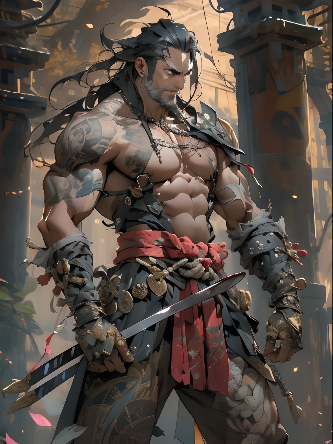 (((mtu))), (((best qualityer))), (((tmasterpiece))), (((AS-Adult))), ((( Japanese ))), Look up from your knees, Handsome Asian samurai,perfect body figure, Modern samurai, ((( Asian))), Wear gloves on your hands,The left arm is made of steel and metal tips,Made of protective devices, The eyes are pulled, (( Appears below the chest )), (( Small dental floss )), Simon Bisley, Almost naked(Simon Bisley)Castle City Wilderness,For high-resolution posters, hair straight, Minimum clothing, armure (Crazy clothes ), Full of tips and rivets, tribal tattoos, (((full bodyesbian))), Straight brunette hair,Colored hair ends
