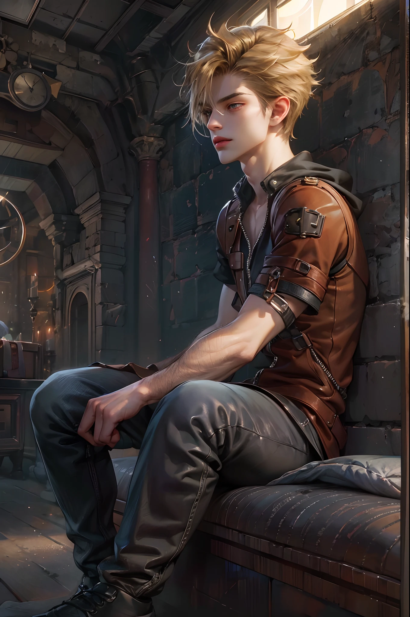 (absurdres, highres, ultra detailed, HDR), masterpiece, best quality, Final Fantasy 7, short hair, handsome face, anime eyes, detailed interior, detailed character