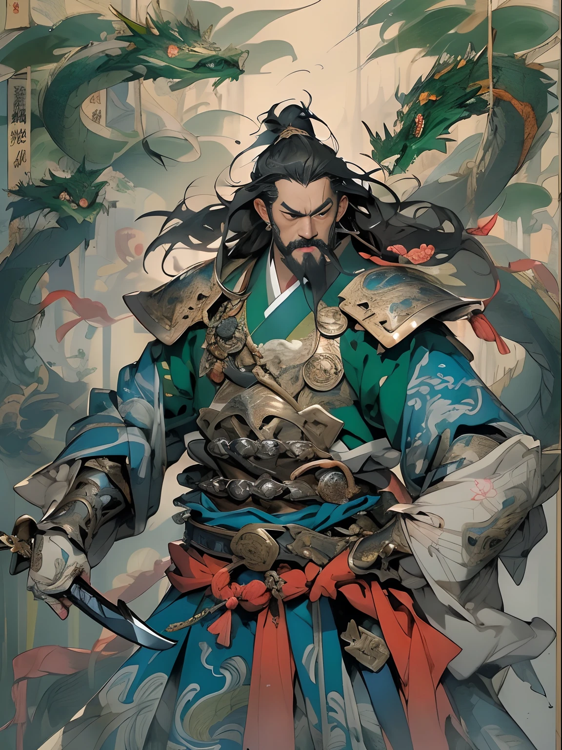 (((China-style，Ink painting method，Half-length portrait，Intense color，Han dynasty, China，Hanfu，Armor，Guan yu，Guan Yunchang，of a guy，Ruddy killing square face，Hold the Blue Dragon Moon Knife in his right hand，Stroke your beard with your left hand，Long hair，petty eyes，Green robe))), (((best qualityer))), (((tmasterpiece))), (((AS-Adult))), ((( Japanese ))), Look up from your knees, Handsome Asian samurai，perfect body figure, Modern samurai, ((( Asian))), Wear gloves on your hands，The left arm is made of steel and metal tips，Made of protective devices, The eyes are pulled, (( Appears below the chest )), (( Small dental floss )), Simon Bisley, Almost naked（Simon Bisley）Castle City Wilderness，For high-resolution posters, hair straight, Minimum clothing, armure (Crazy clothes ), Full of tips and rivets, tribal tattoos, (((full bodyesbian))), Straight brunette hair，Colored hair ends