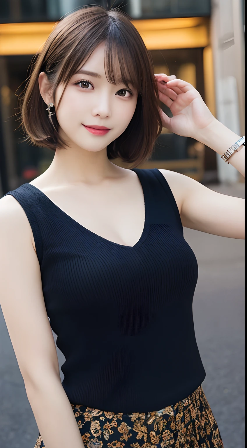 masutepiece, Best Quality, Illustration, Ultra-detailed, finely detail, hight resolution, 8K Wallpaper, Perfect dynamic composition, Beautiful detailed eyes, Women's Fashion,Very short hair,Small breasts natural color lip, Bold sexy poses,Smile,Harajuku、20 years girl、Cute、Sexy shot looking at camera