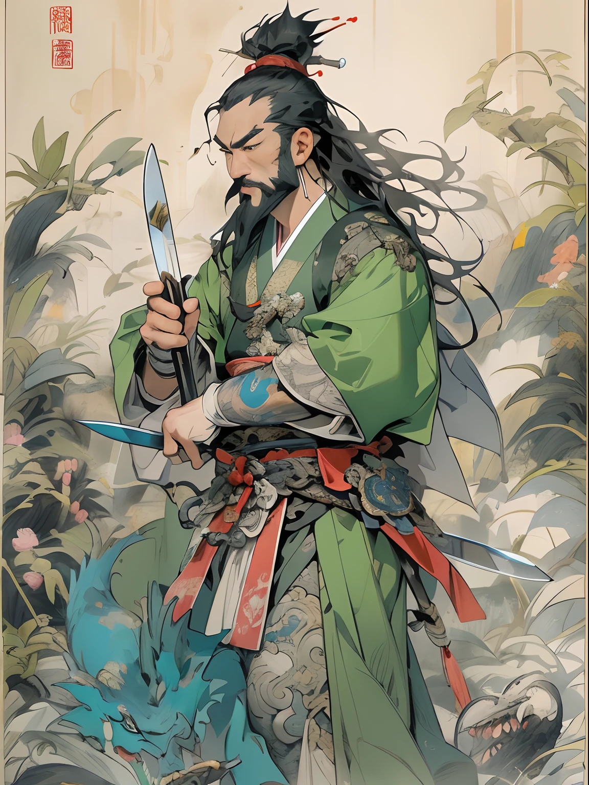 (((China-style,Ink painting method,Half-length portrait,Intense color,Han dynasty, China,Hanfu,Armor,Guan yu,Guan Yunchang,of a guy,Ruddy killing square face,Hold the Blue Dragon Moon Knife in his right hand,Stroke your beard with your left hand,Long hair,petty eyes,Green robe))), (((best qualityer))), (((tmasterpiece))), (((AS-Adult))), ((( Japanese ))), Look up from your knees, Handsome Asian samurai,perfect body figure, Modern samurai, ((( Asian))), Wear gloves on your hands,The left arm is made of steel and metal tips,Made of protective devices, The eyes are pulled, (( Appears below the chest )), (( Small dental floss )), Simon Bisley, Almost naked(Simon Bisley)Castle City Wilderness,For high-resolution posters, hair straight, Minimum clothing, armure (Crazy clothes ), Full of tips and rivets, tribal tattoos, (((full bodyesbian))), Straight brunette hair,Colored hair ends