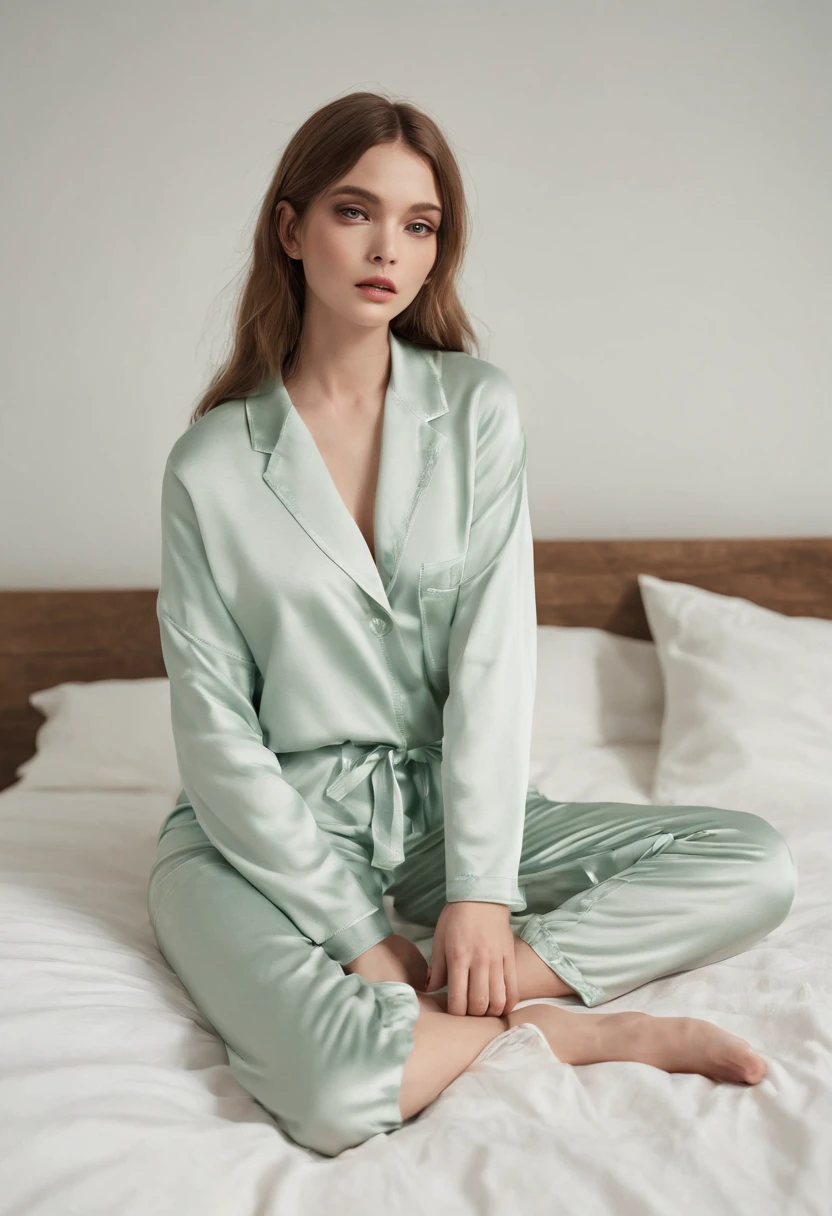 A photo in a comfortable and cozy setting with a bed covered in white sheets. A pair of women's pajamas in cotton fabric and elegantly arranged on the bed. The predominant colors in the scene are pastel shades of green, em harmonia com a identidade visual da marca. The camera moves slowly to show the details of the pajamas. Do not put any characters in the image, except for the pajamas that will be thin strap sweater and a doll shorts.