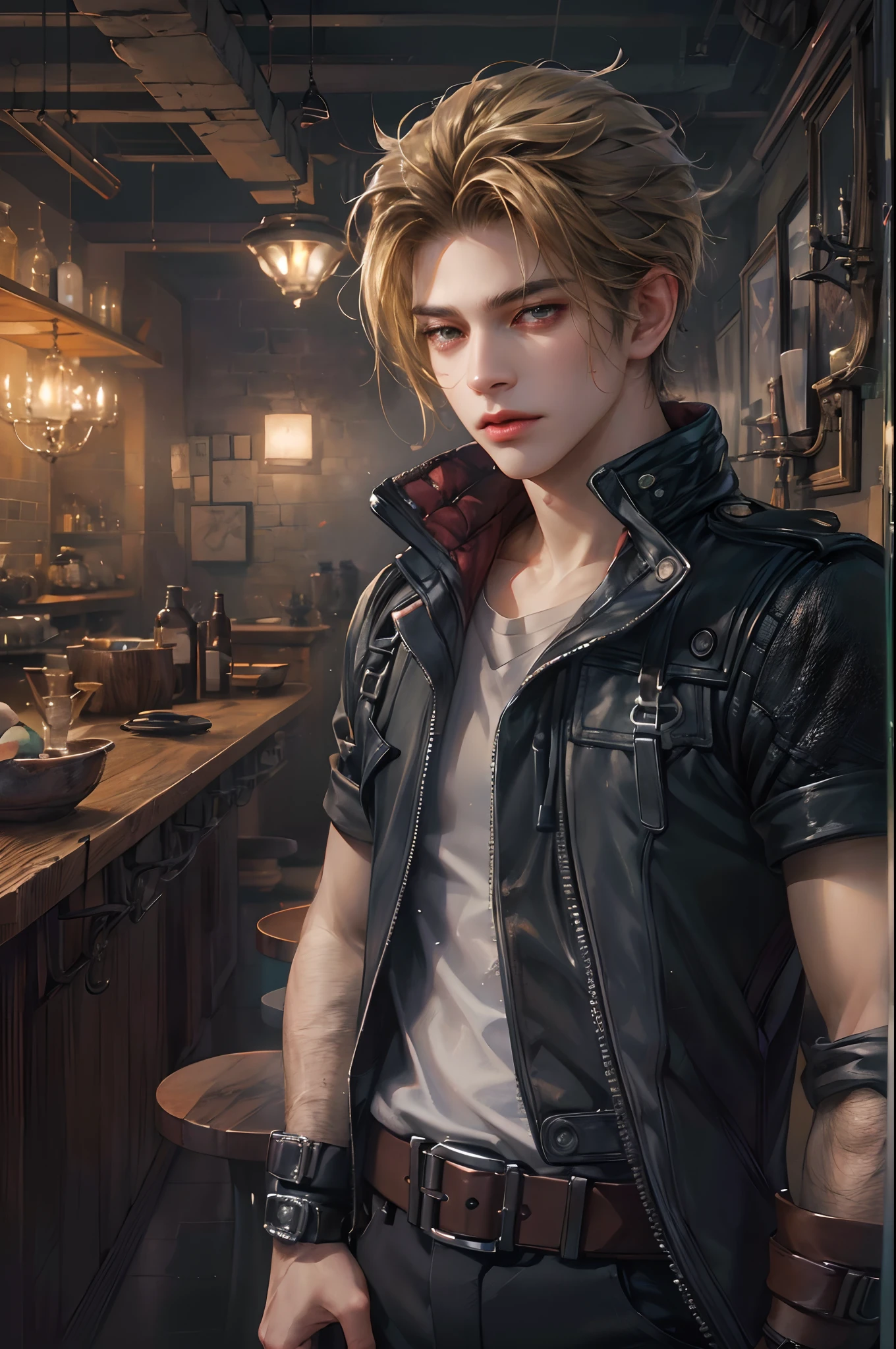 (absurdres, highres, ultra detailed, HDR), masterpiece, best quality, Final Fantasy 7, short hair, handsome face, anime eyes, detailed interior, detailed character