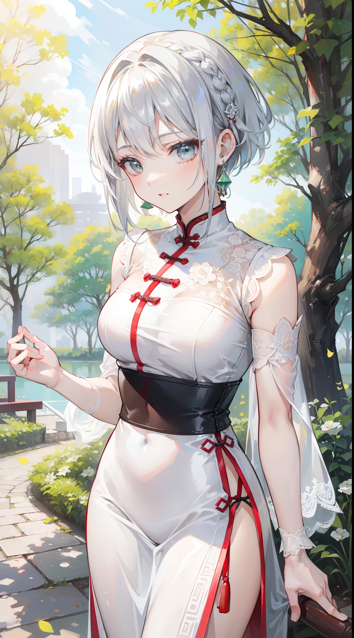 20-year-old woman with silver hair, emerald eyes. Short hair, braid on one side. Wearing Chinese Qipao White and red standing in the park