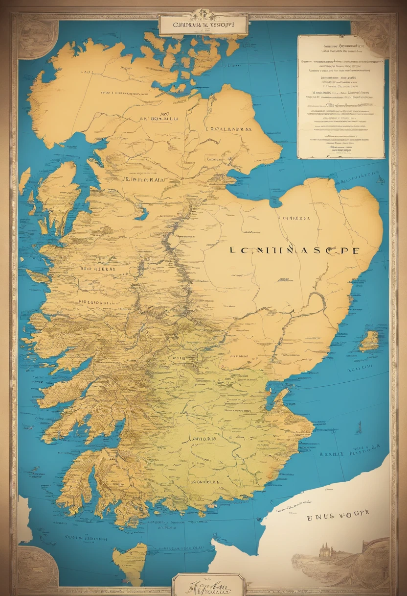 Otherworldly map of the continent,In the middle of the map is the plain,To the north is the highlands,To the south is a basin with many lakes,To the west are hilly areas,There are many rivers to the east