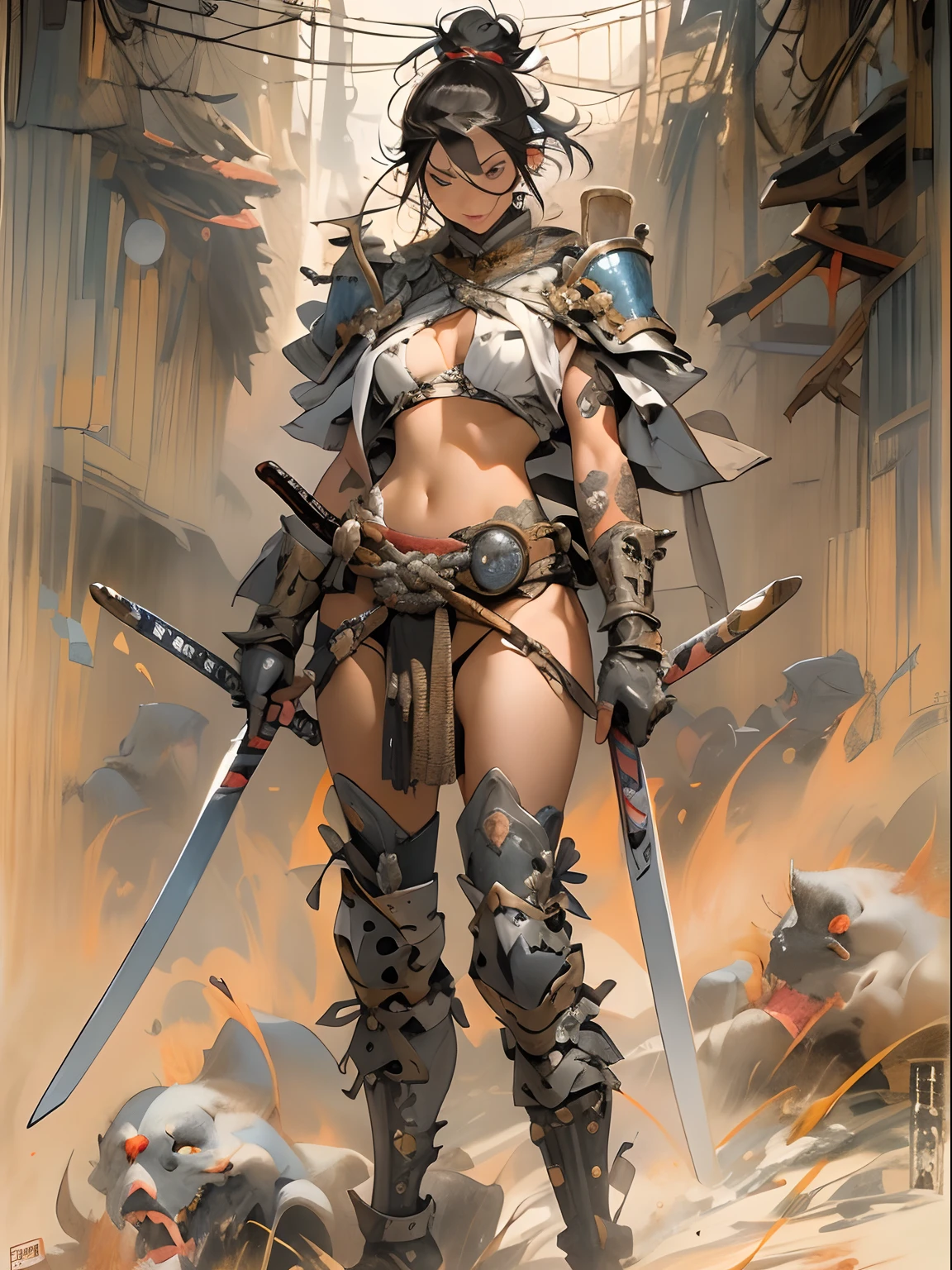 (((woman))), (((best qualityer))), (((tmasterpiece))), (((AS-Adult))), ((( Japanese ))), Look up from your knees, A beautiful asian samurai woman with perfect body, Modern samurai, ((( Asian))), Wear gloves on your hands,The left arm is made of steel and metal tips,Made of protective devices, The eyes are pulled, (( Appears below the breast )), (( Small dental floss )), Simon Bisley, Almost naked(Simon Bisley)Castle City Wilderness,For high-resolution posters, hair straight, Minimum clothing, armure (Crazy clothes ), Full of tips and rivets, tribal tattoos, (((full bodyesbian))), Straight brunette hair,Colored hair ends