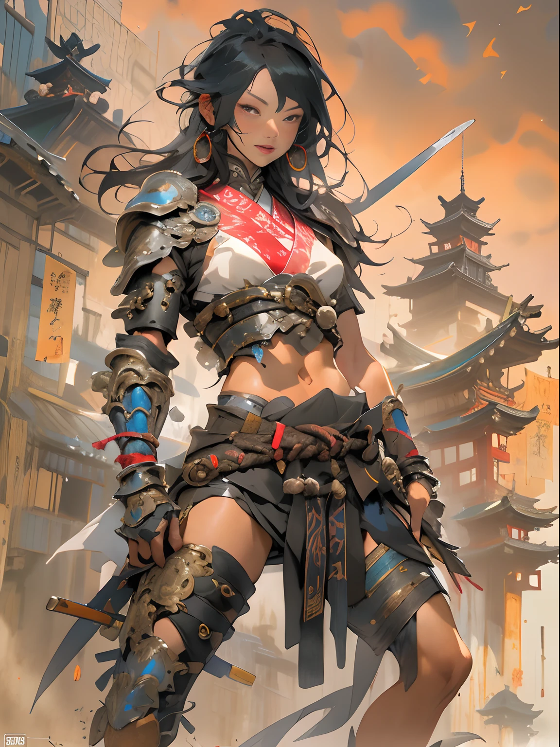 (((woman))), (((best qualityer))), (((tmasterpiece))), (((AS-Adult))), ((( Japanese ))), Look up from your knees, A beautiful asian samurai woman with perfect body, Modern samurai, ((( Asian))), Wear gloves on your hands,The left arm is made of steel and metal tips,Made of protective devices, The eyes are pulled, (( Appears below the breast )), (( Small dental floss )), Simon Bisley, Almost naked(Simon Bisley)Castle City Wilderness,For high-resolution posters, hair straight, Minimum clothing, armure (Crazy clothes ), Full of tips and rivets, tribal tattoos, (((full bodyesbian))), Straight brunette hair,Colored hair ends