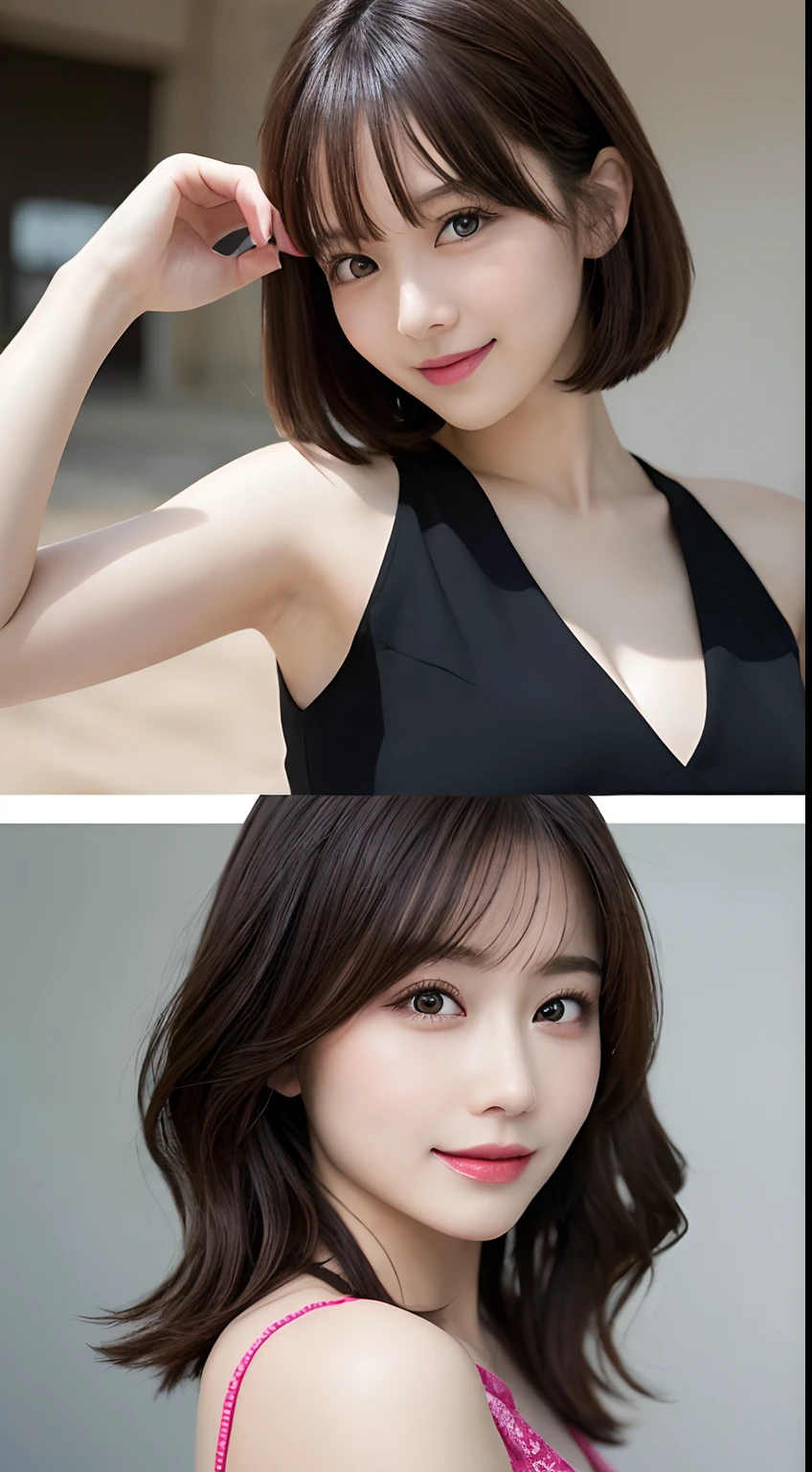 masutepiece, Best Quality, Illustration, Ultra-detailed, finely detail, hight resolution, 8K Wallpaper, Perfect dynamic composition, Beautiful detailed eyes, Women's Fashion,Very short hair,Small breasts natural color lip, Bold sexy poses,Smile,Harajuku、20 years girl、Cute、Sexy shot looking at camera