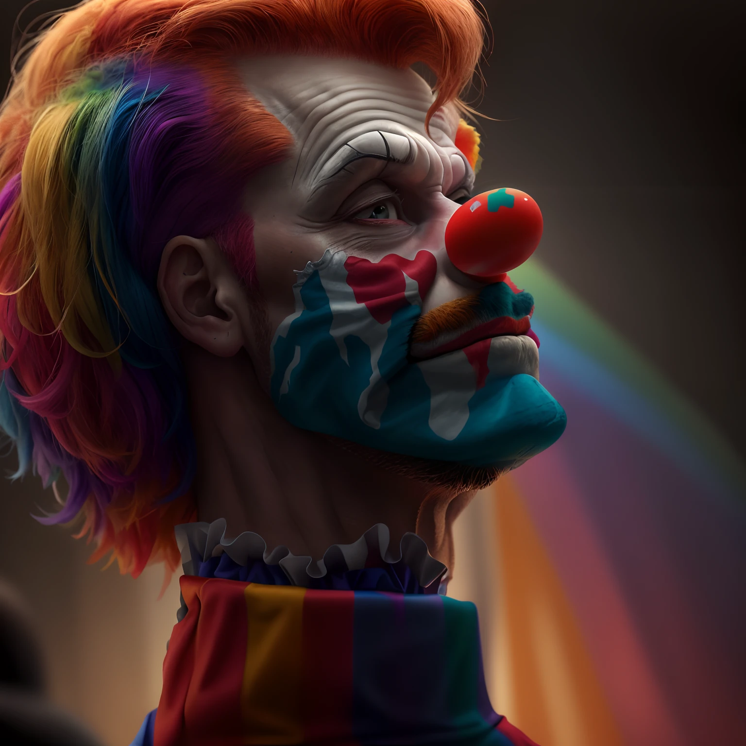 close-up of a man with a clown's head and a clown nose, cutecore clowncore, profile photo, Pauline Hanson as The Clown, clown world, The clown is far from the camera, profile image, pscychodelic, profile pic, rainbow, Technicolor!!!, Communist clown, Roigbiv, Clown Donald Trump