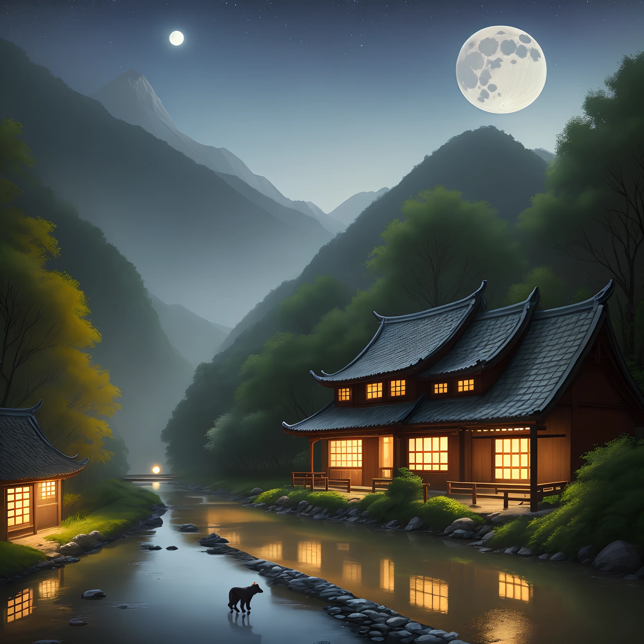 Countryside at night,The moon is bright,There is a dog by the small river in Fangshan