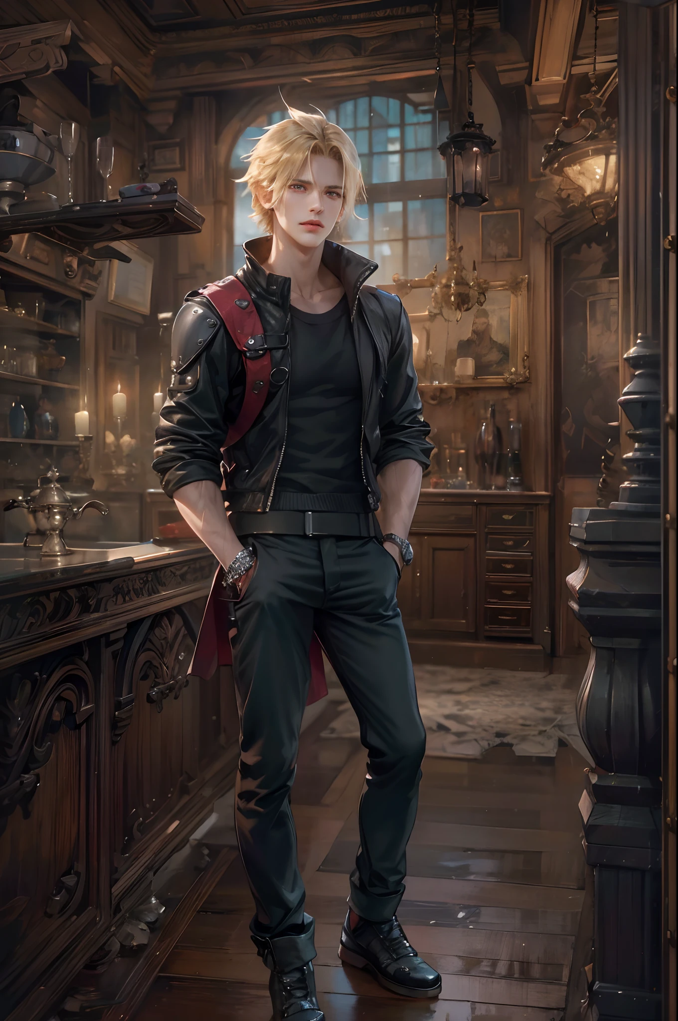 (absurdres, highres, ultra detailed, HDR), masterpiece, best quality, Final Fantasy 7, short hair, handsome face, anime eyes, detailed interior, detailed character