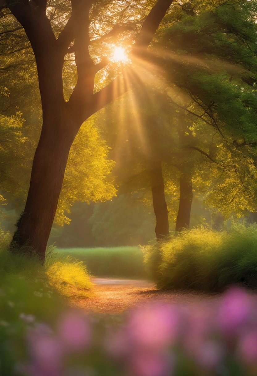 (aesthetic scene,aesthetic scenery,beautiful appearance,beautiful landscape,clear sky,colorful flowers,delicate details,enchanted,ethereal,gentle breeze,green grass,lush trees,peaceful atmosphere,serene vibes,sunlit,golden sunshine,tranquil setting,tranquil surroundings,serene and tranquil scenery)

(best quality,4k,8k,highres,masterpiece:1.2),ultra-detailed,(realistic,photorealistic,photo-realistic:1.37),HDR,UHD,studio lighting,ultra-fine painting,sharp focus,physically-based rendering,extreme detail description,professional,vivid colors,bokeh

(portraits,landscape,photography)

(warm, vibrant colors,soft pastel hues)

(sunlight filtering through the trees, soft natural lighting, warm golden hour light)