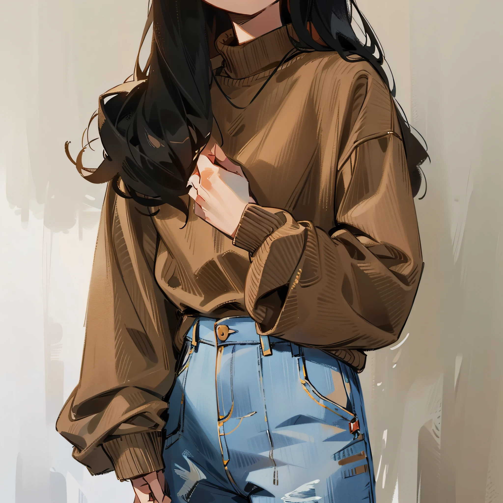 a close up of a woman wearing a brown sweater and jeans, a sketch inspired by Jean Hey, instagram, renaissance, brown sweater, cute casual streetwear, casual clothes, simple clothes, casual clothing style, wearing casual sweater, 🍂 cute, puff sleeves, he is wearing a brown sweater, vibrant aesthetic, vintage aesthetic, wearing a dark sweater, casual modern clothing