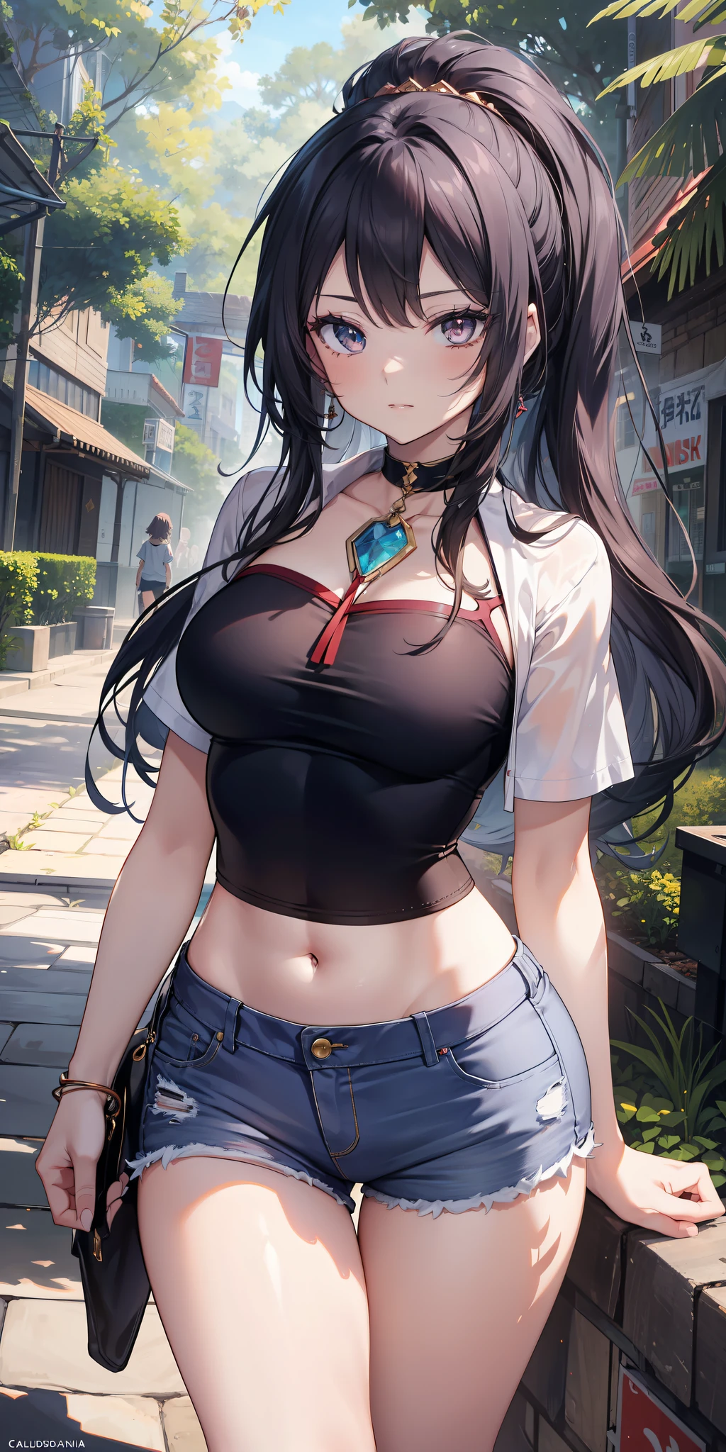 a girl sitting on barstool cushion, denim miniskirt, white panties, big breasts, long hair, Braid, sidelocks, black hair, blunt bangs, brown eyes, white skin, hairclip, glasses, thin eyebrows, anime cg, masutepiece, Best Quality, Detailed CG, 8K Wallpaper,laugh,