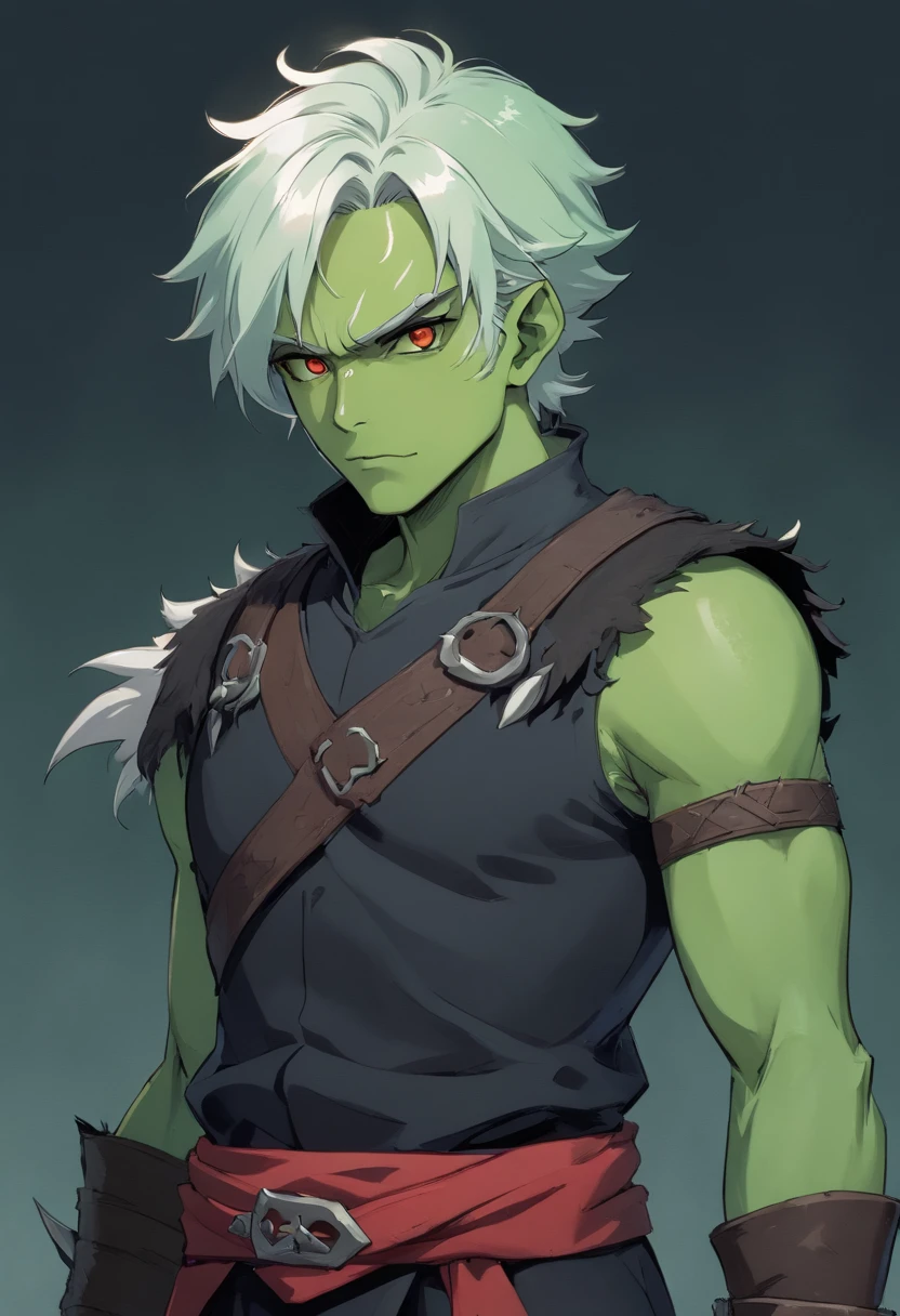 half orc, green skin, male, close up portrait, fantasy look, rpg character, medieval fantasy, white hair, red eyes, 1.90 height, muscolar, half-body shot, scars, ((Taper Haircut + Brushed Up man's hairstyle)), black boots, fullbody ((fullbody)), 40years, muscolar body, black outfits, ((black fantasy outfits)), ((deep green skin)), fangs, ((open mouth fangs)), ((high quality))