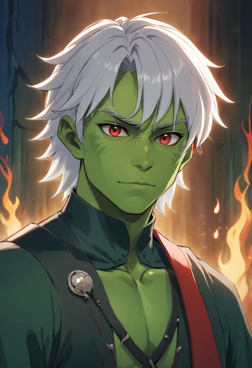 half orc, green skin, male, close up portrait, fantasy look, rpg character, medieval fantasy, white hair, red eyes, 1.90 height, muscolar, half-body shot, scars, ((Taper Haircut + Brushed Up man's hairstyle)), black boots, fullbody ((fullbody)), 40years, muscolar body, black outfits, ((black fantasy outfits)), ((deep green skin)), fangs