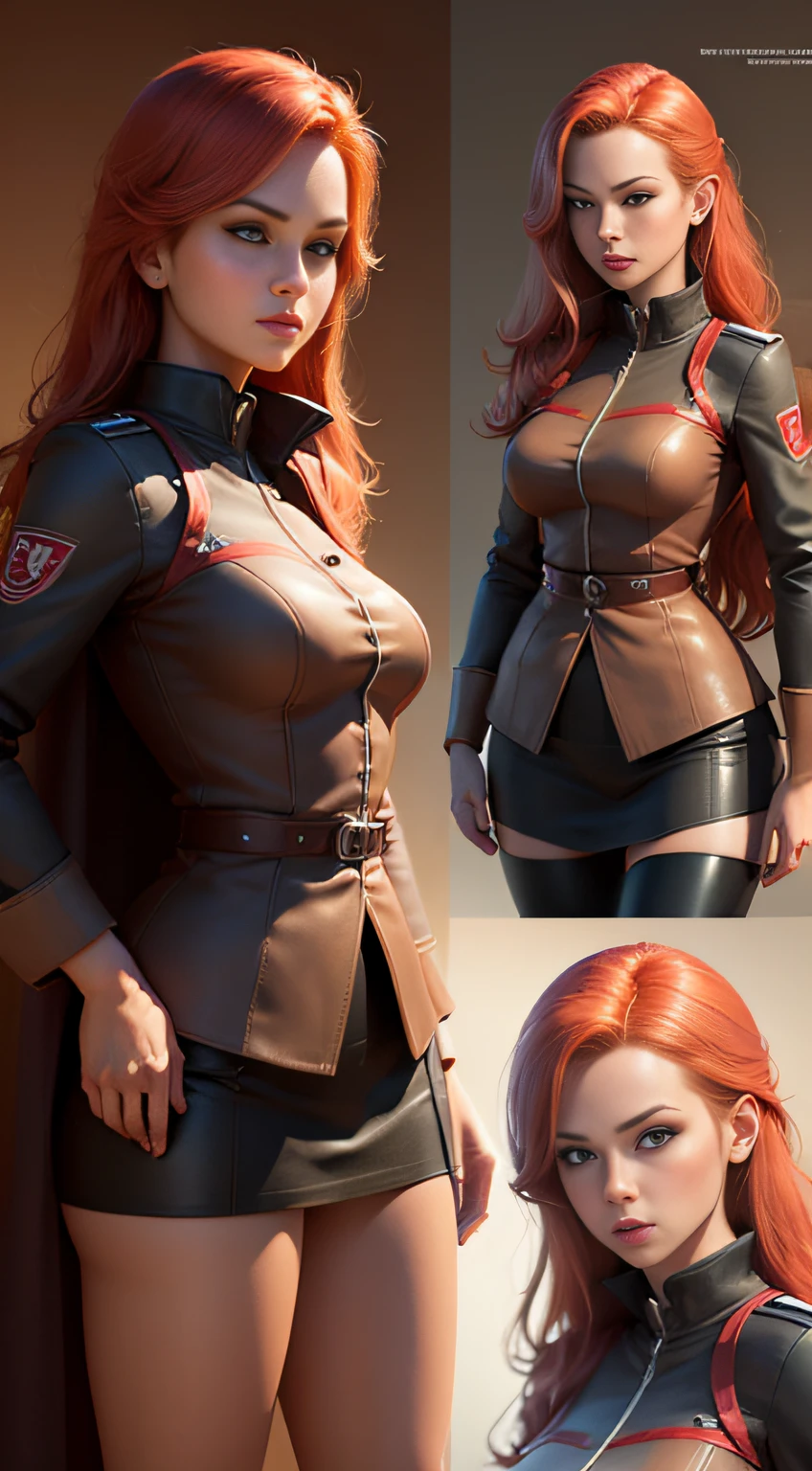 (Full-pageconcept-art, Drawing: 1), Female Character 3D Model, Redhead, stewardess, Author: blender, from different angles, Hyper Detail