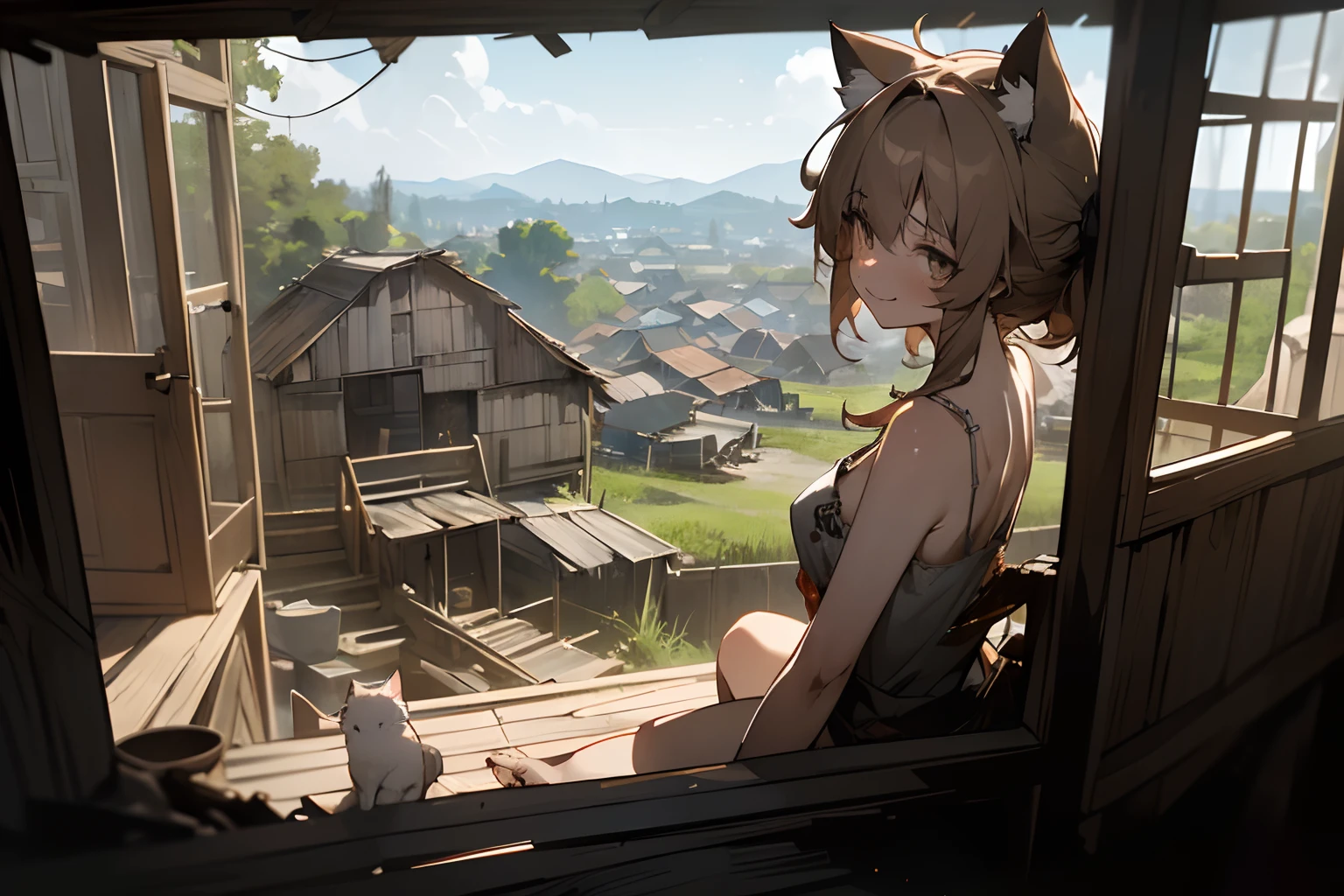 ((Masterpiece)), 8K, from behind, wide shot, cinematic lighting, (very messy hair, relax and unwind, Hut over the hill), (sweaty, exposed breast, tattered and torn dirty white-camisole, Slender small breasts, smile and eyes-close), slum townscape, Textured skin, cat ears, pale brown hair, Cute Beautiful girl, hot sunny day